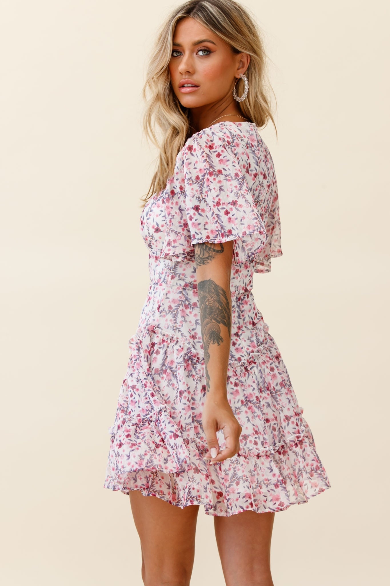 Stolen Moments Angel Sleeve Ruffle Dress Floral Print Pink Multi by Selfie Leslie