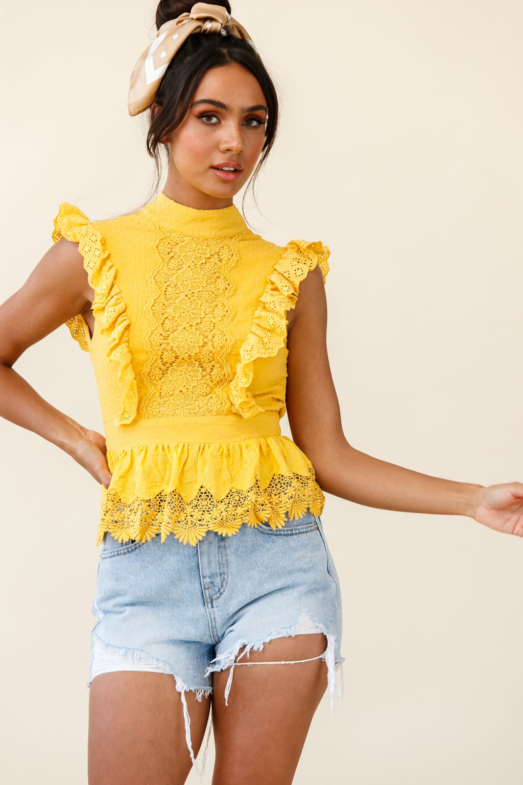 Gracious Sleeveless Open Back Peplum Top Yellow by Selfie Leslie