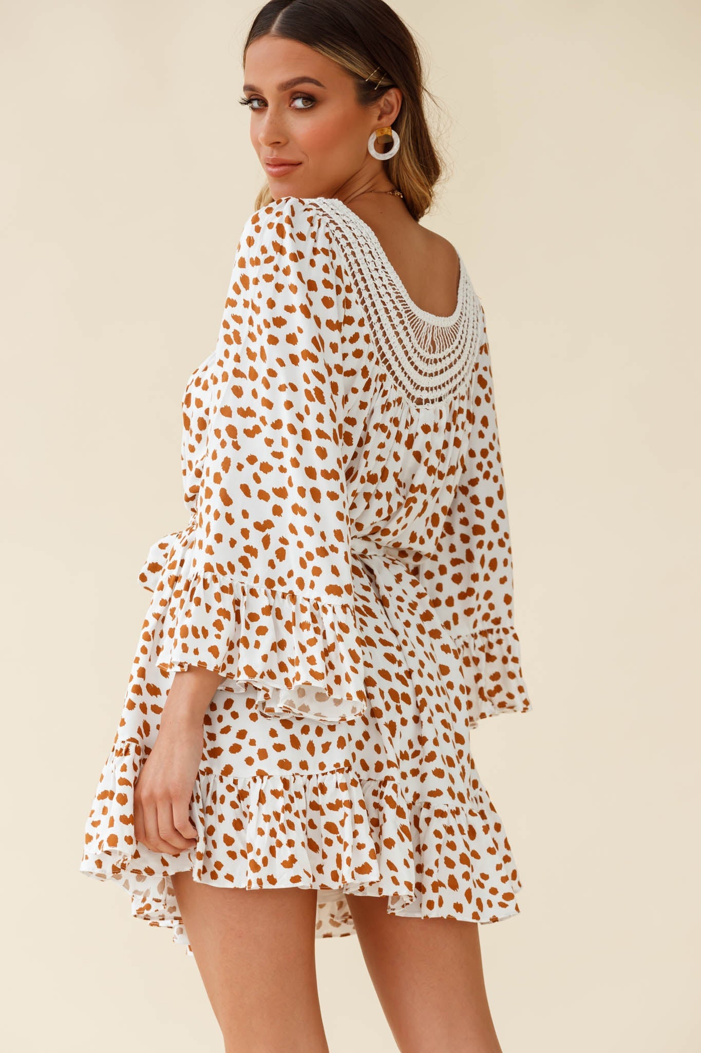 Turn Back Time Long Sleeve Crochet Neckline Dress Animal Print White/Brown by Selfie Leslie