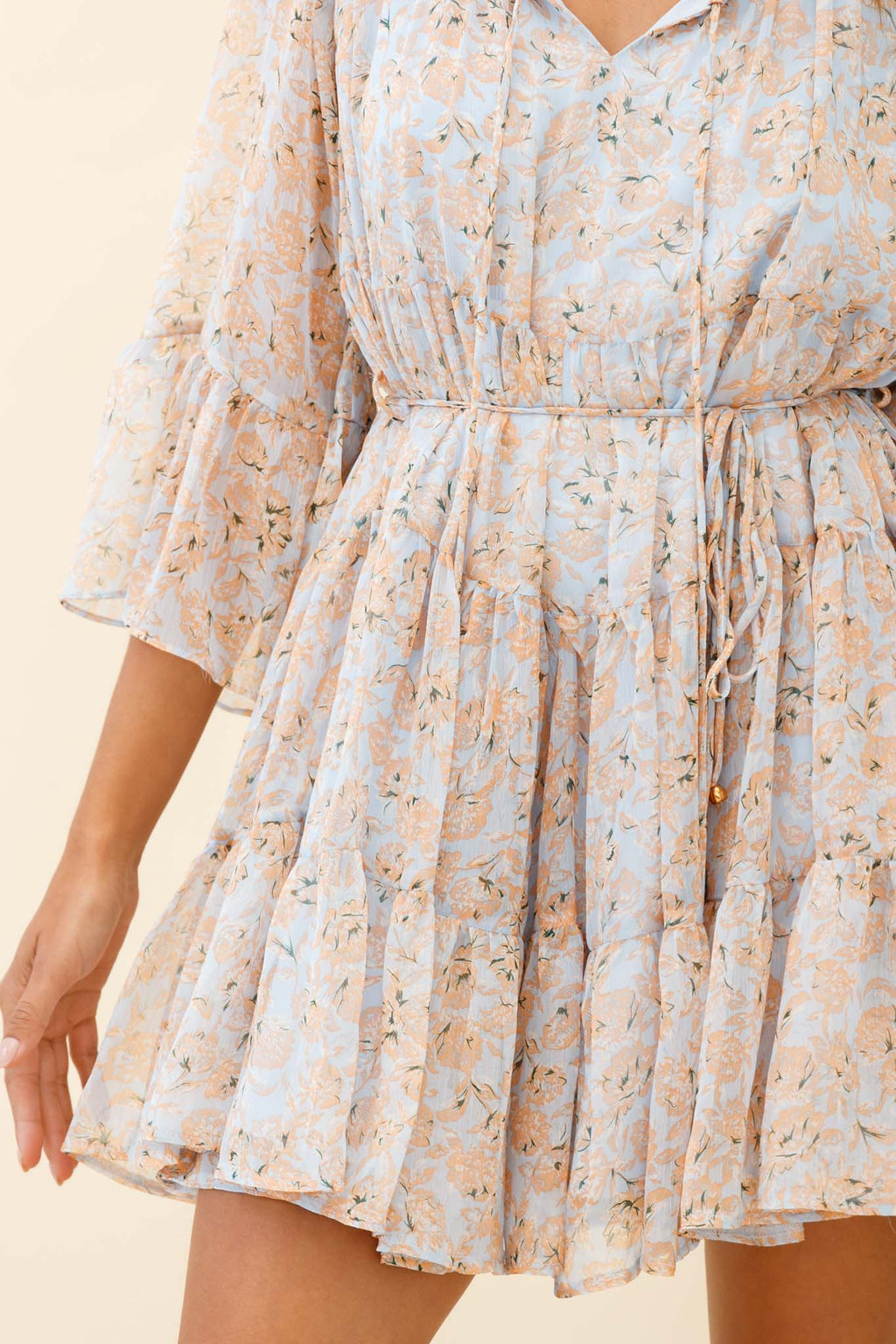 Called It Ruffle Trim Bell Sleeve Dress Floral Print Blue/Orange by Selfie Leslie