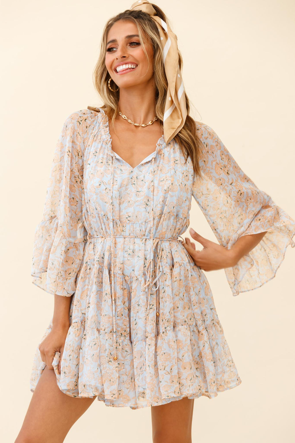 Called It Ruffle Trim Bell Sleeve Dress Floral Print Blue/Orange by Selfie Leslie