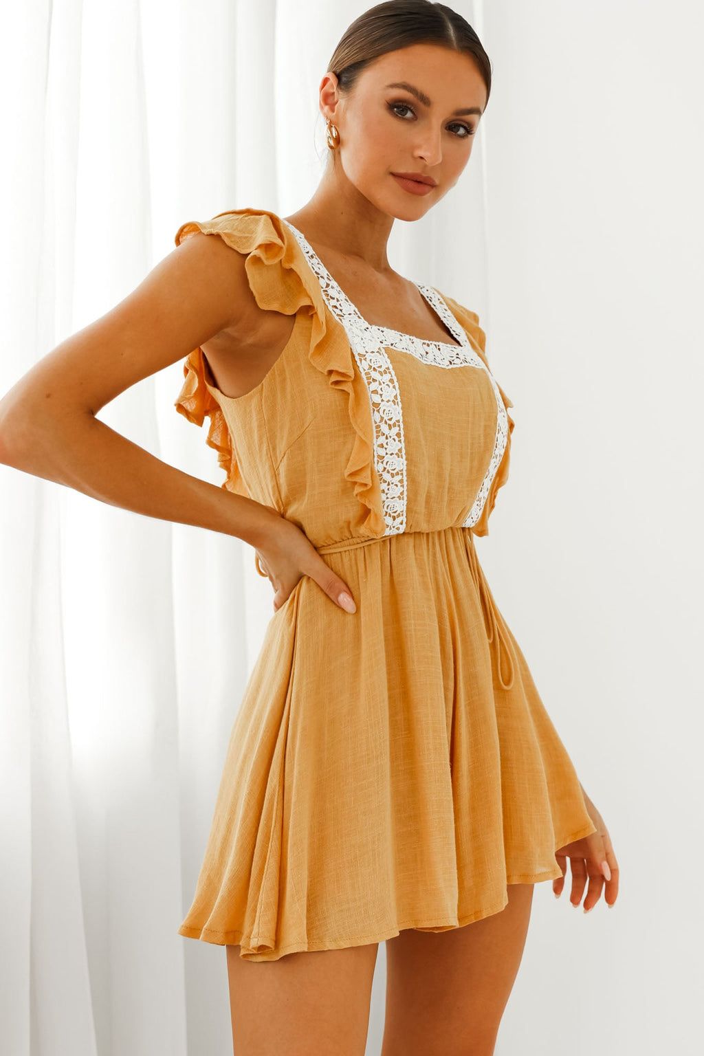 Meet Again Crochet Lace Trim Tie-Up Back Romper Mustard by Selfie Leslie