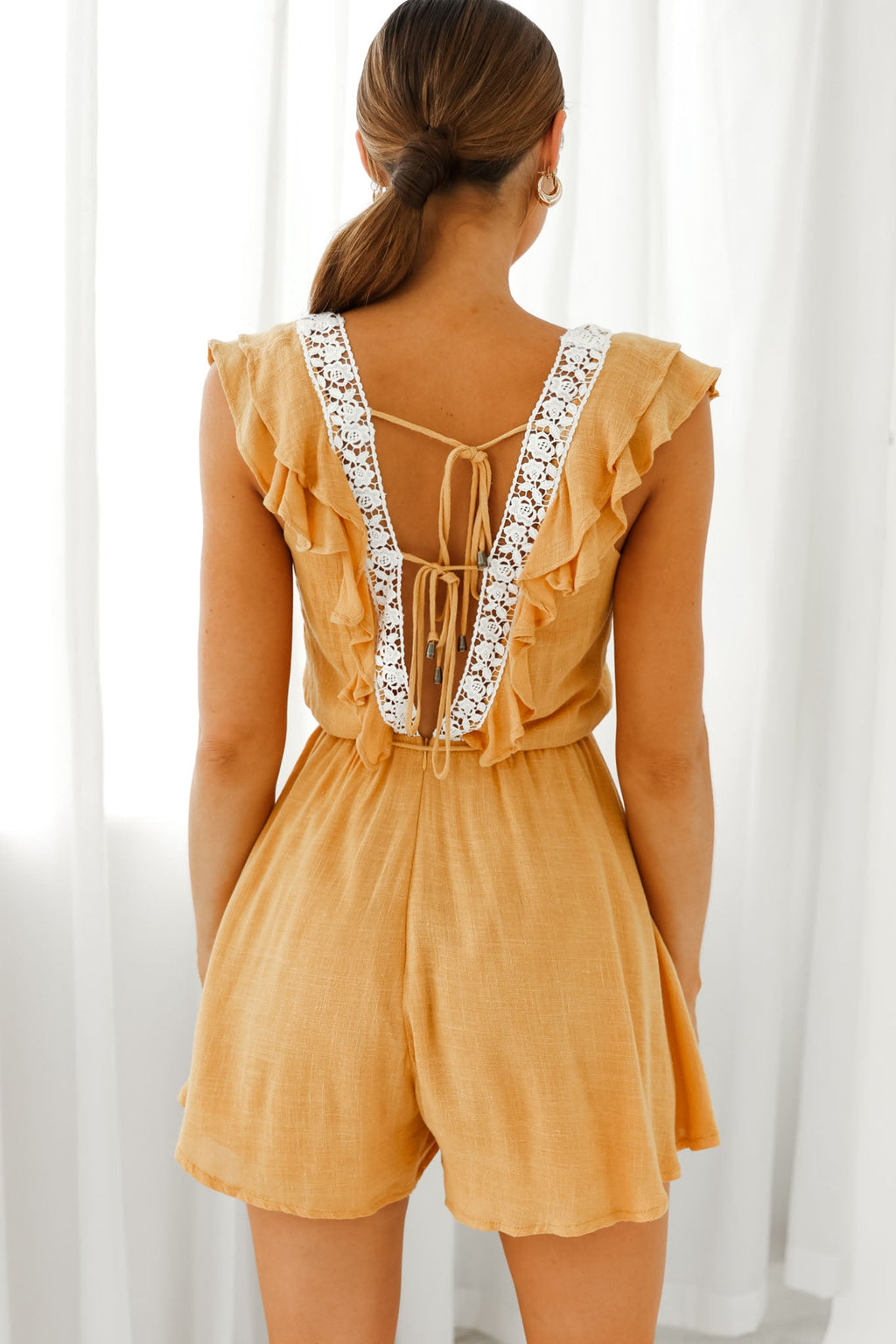 Meet Again Crochet Lace Trim Tie-Up Back Romper Mustard by Selfie Leslie