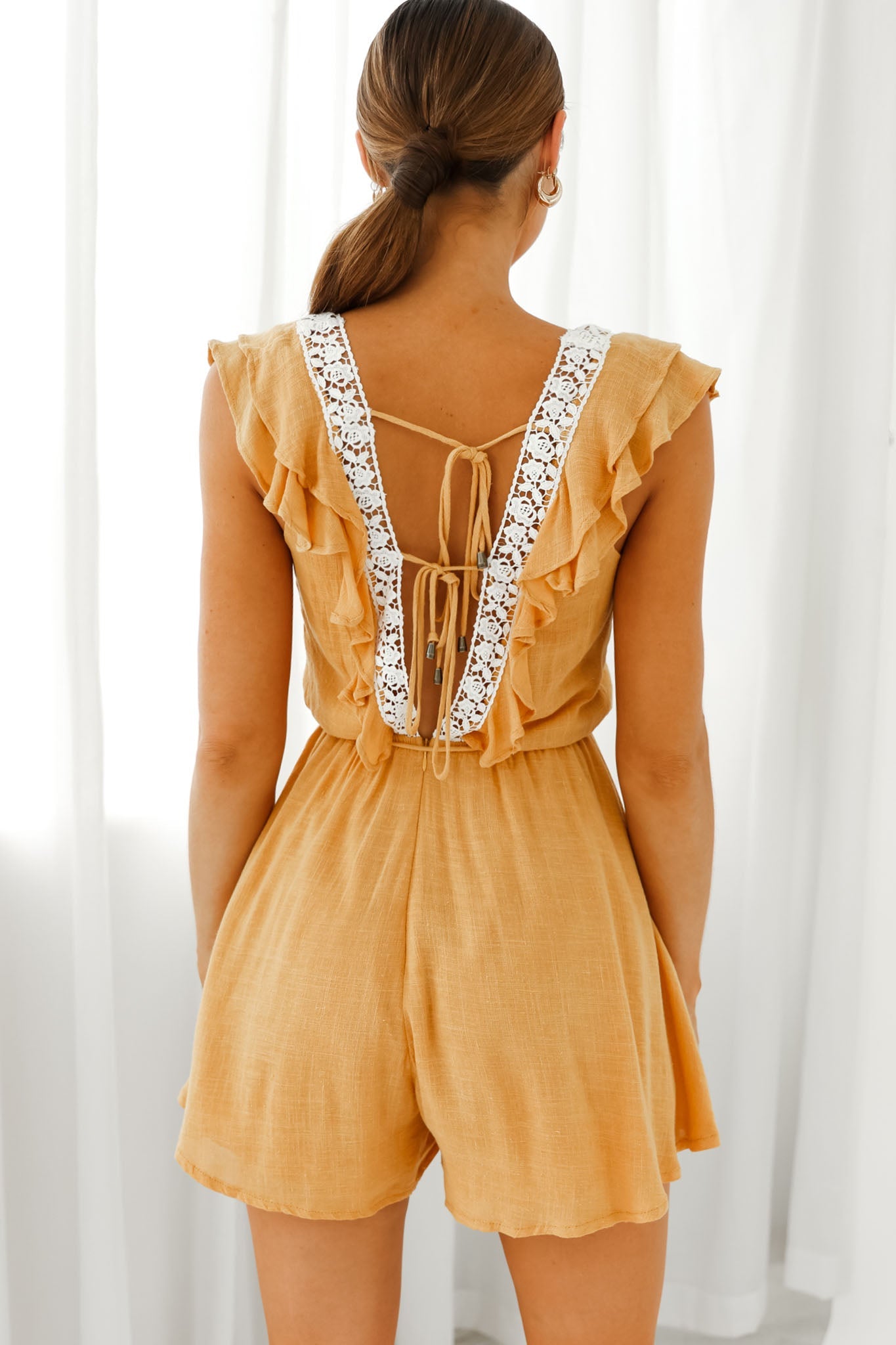 Meet Again Crochet Lace Trim Tie-Up Back Romper Mustard by Selfie Leslie