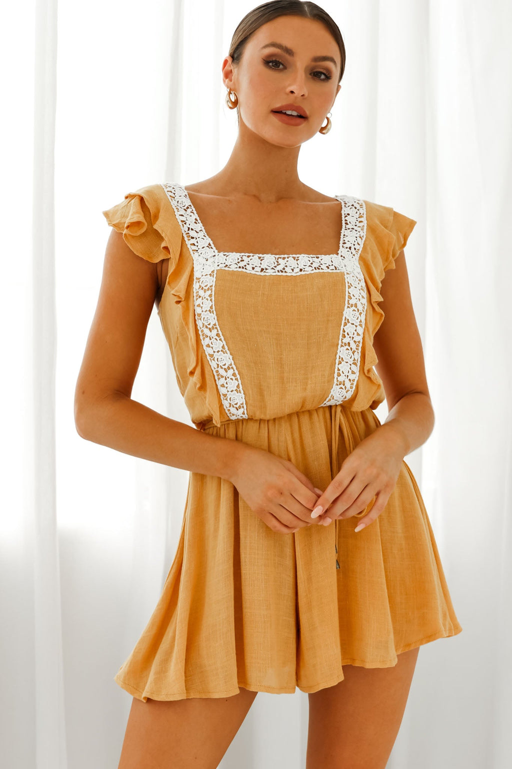 Meet Again Crochet Lace Trim Tie-Up Back Romper Mustard by Selfie Leslie