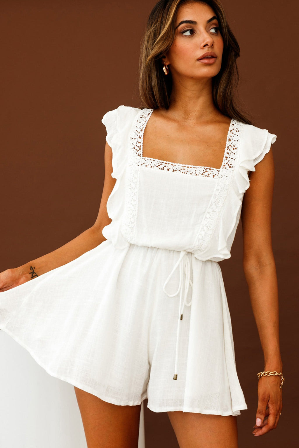 Meet Again Crochet Lace Trim Tie-Up Back Romper White by Selfie Leslie