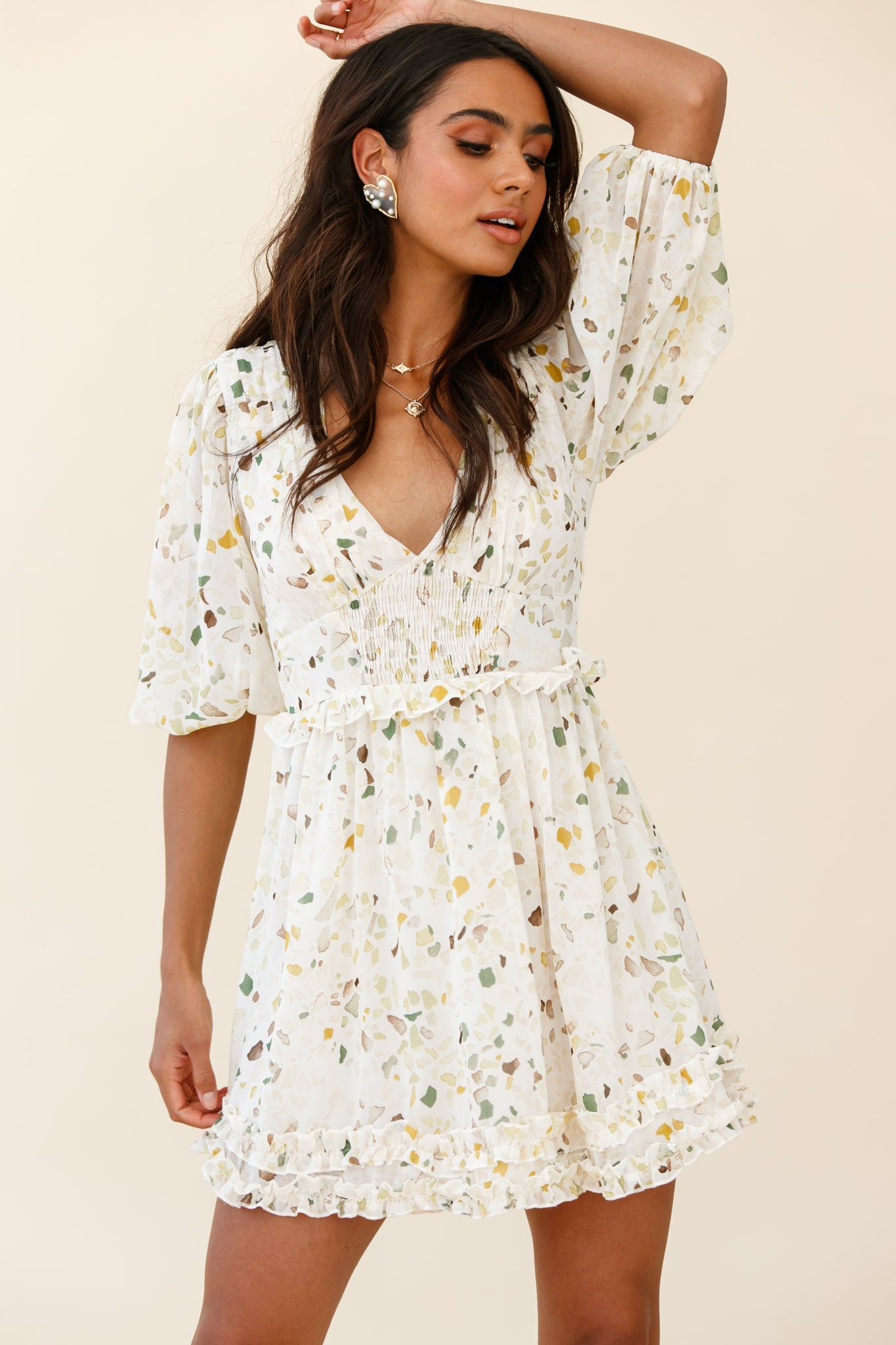 Born Free Shirring Detail Frill Trim Dress Green Multi by Selfie Leslie
