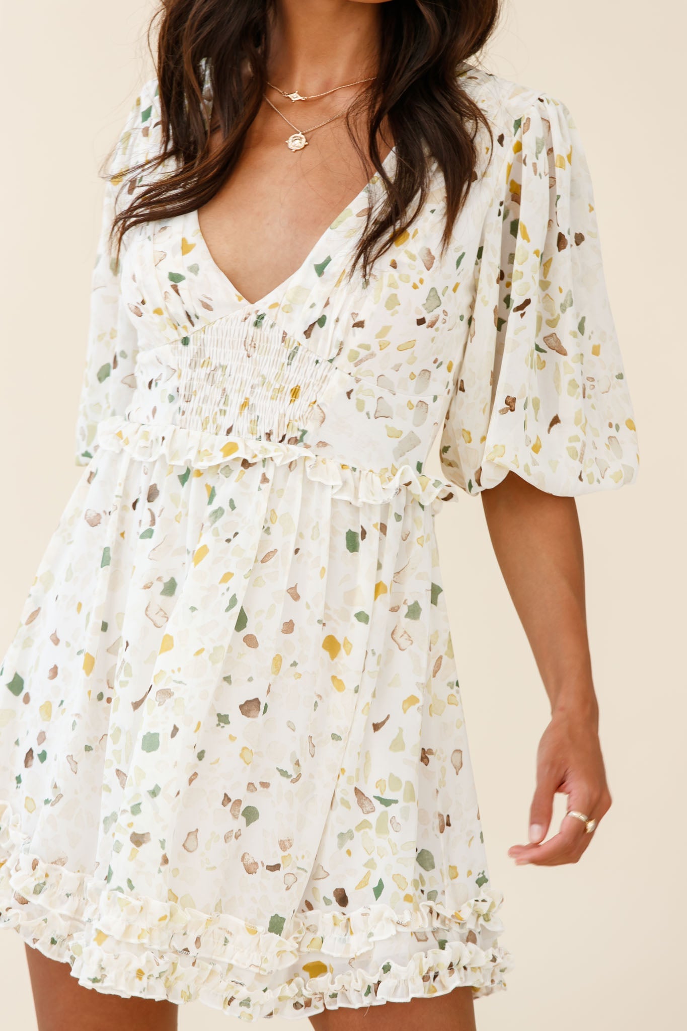 Born Free Shirring Detail Frill Trim Dress Green Multi by Selfie Leslie