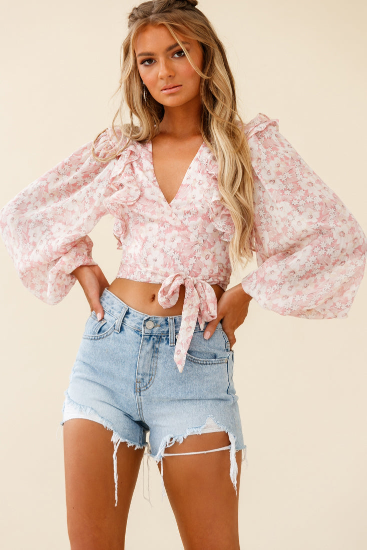 Hello, Dolly! Long Sleeve Waist Tie Crop Top Floral Print Pink by Selfie Leslie