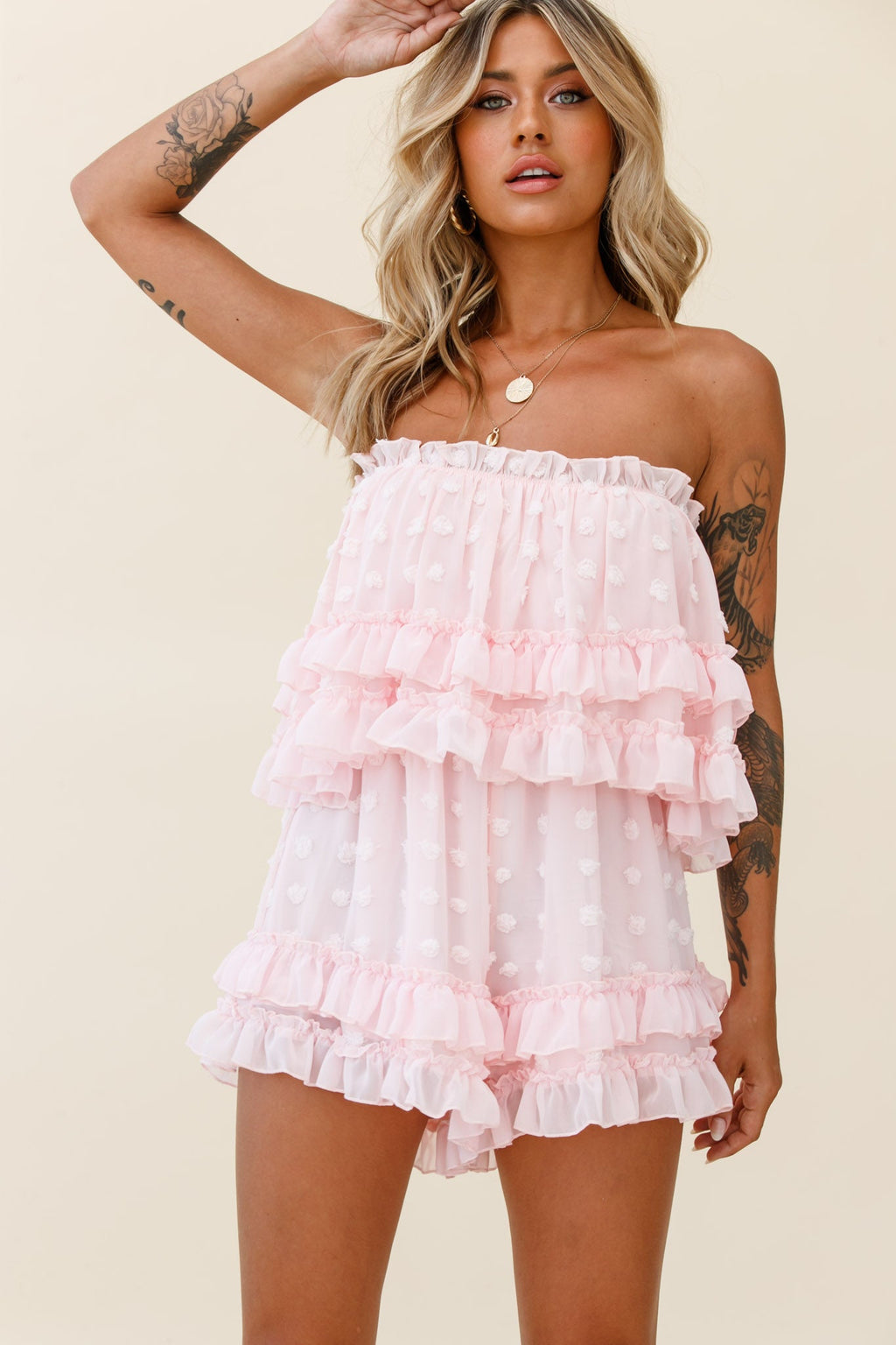 Memories Tiered Bust Frill Trim Romper Pink by Selfie Leslie