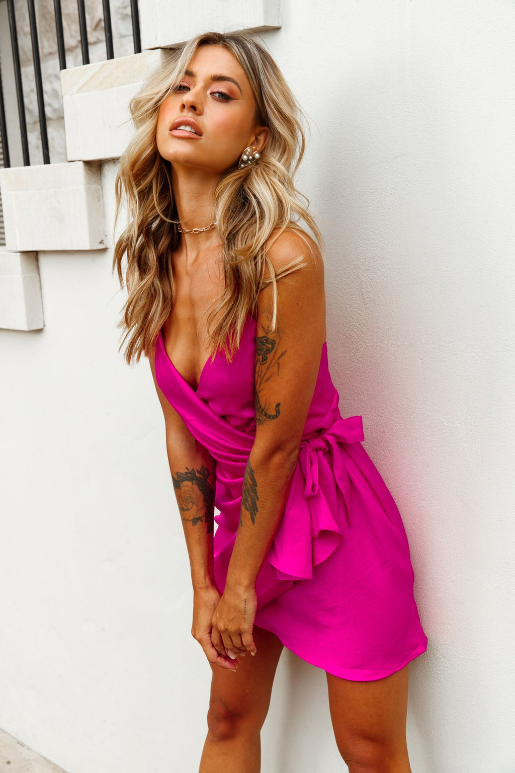 Medellin Gathered Detail Side-Tie Wrap Dress Hot Pink by Selfie Leslie