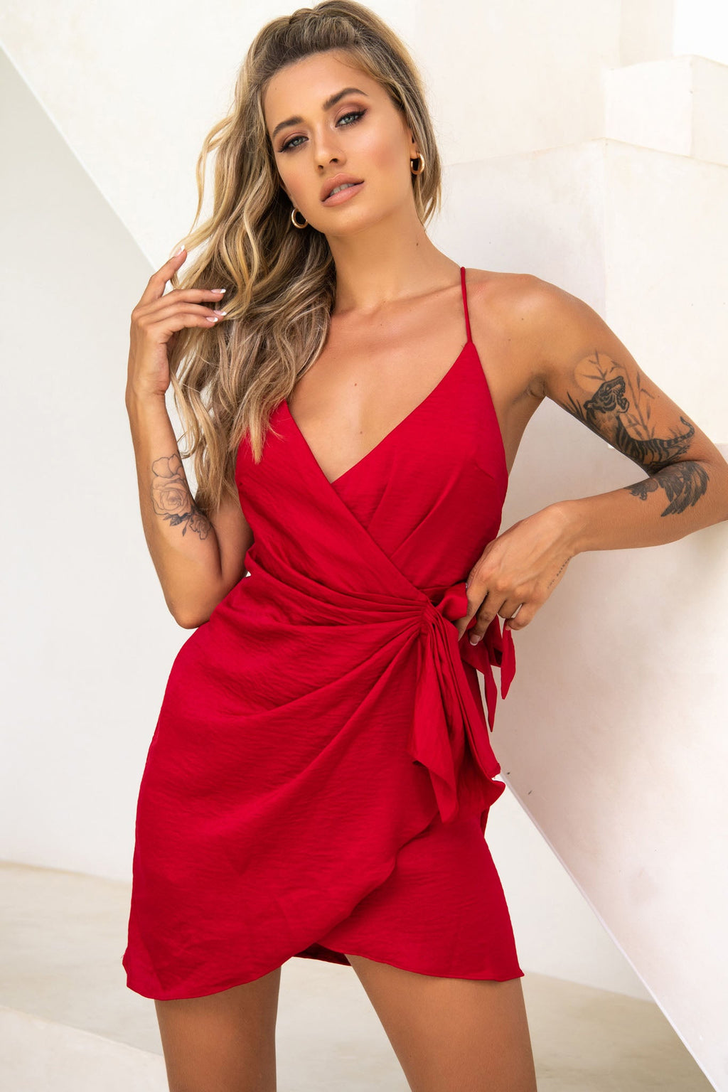 Medellin Gathered Detail Side-Tie Wrap Dress Red by Selfie Leslie