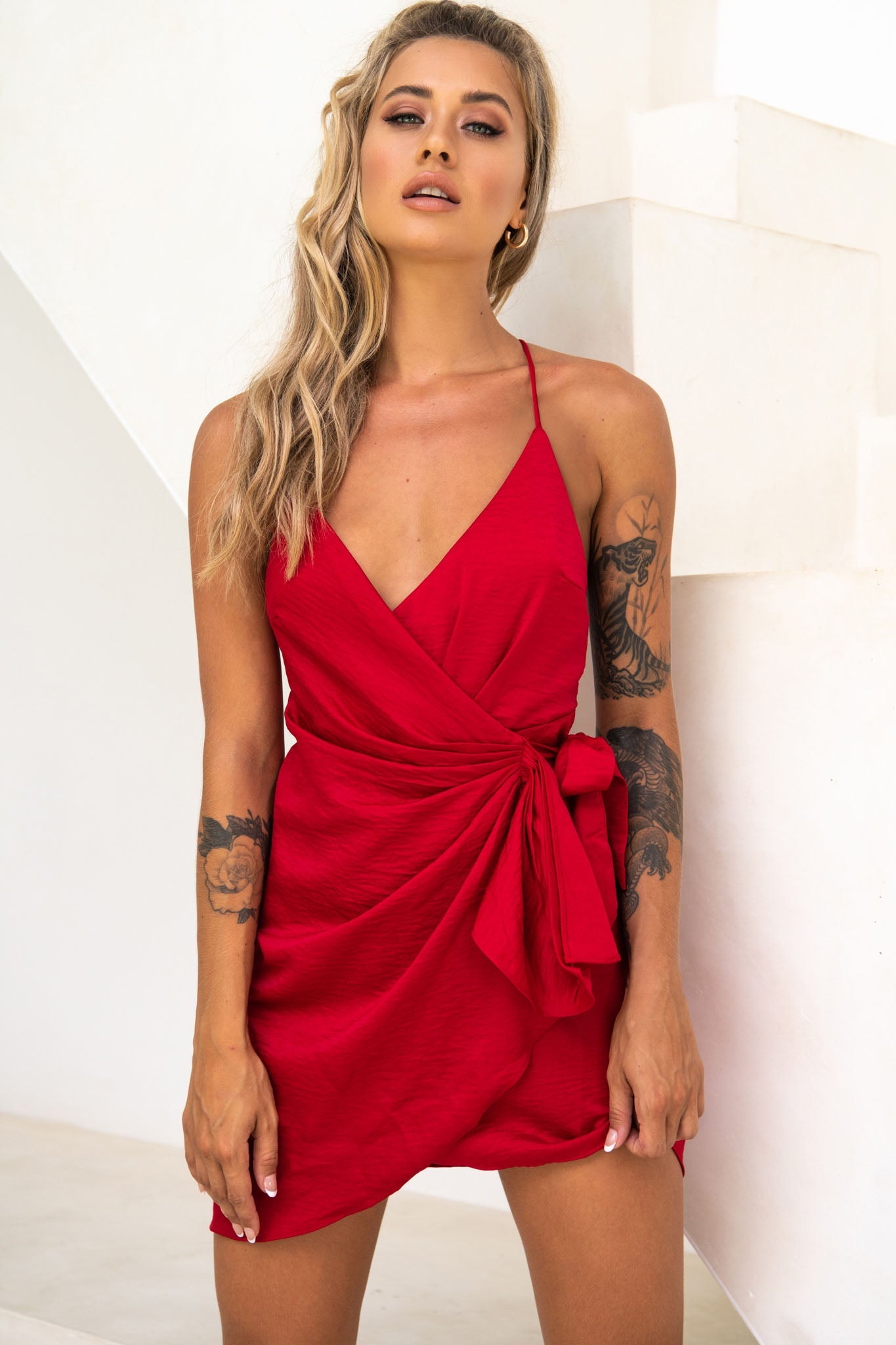 Medellin Gathered Detail Side-Tie Wrap Dress Red by Selfie Leslie