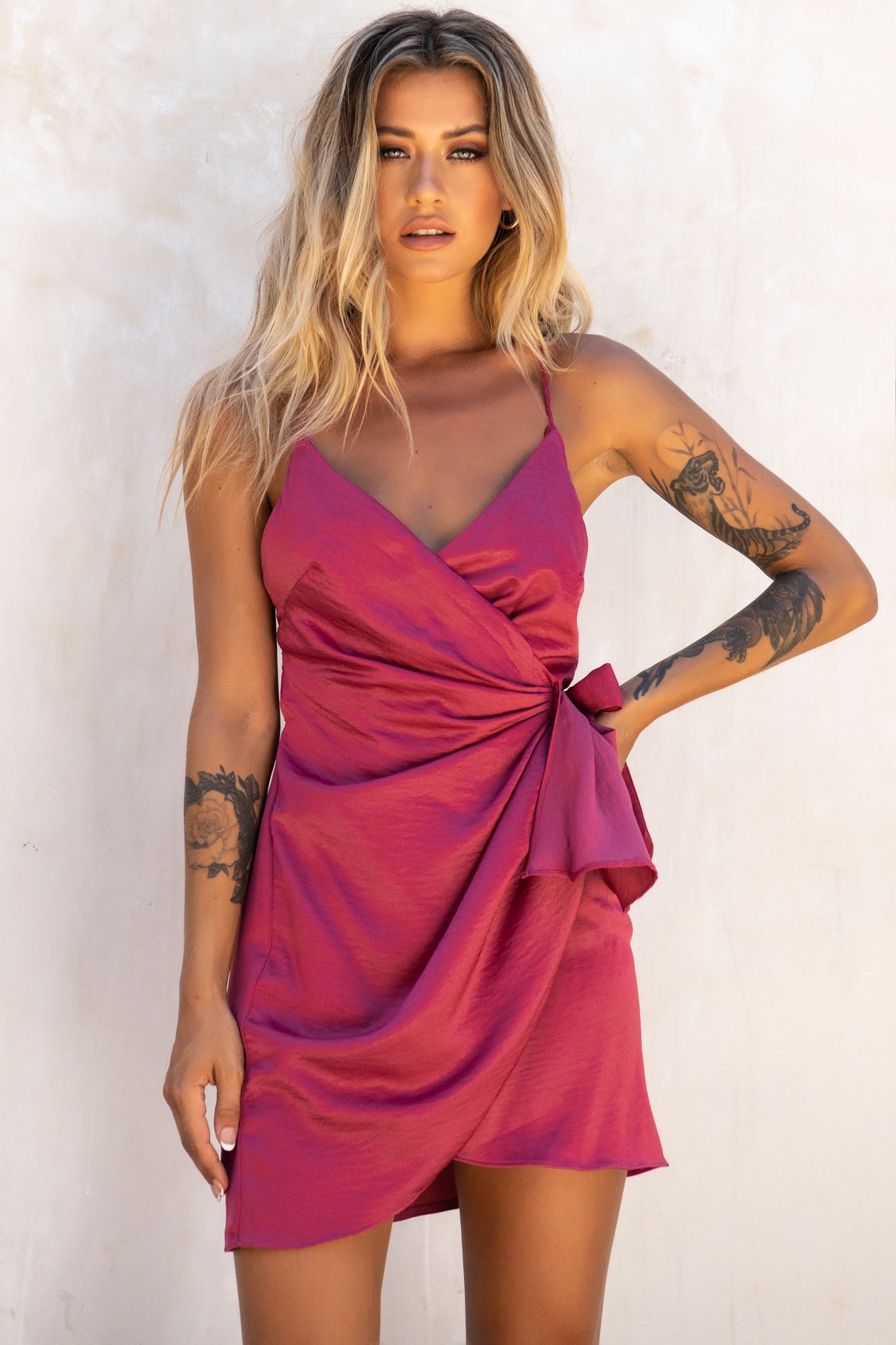 Medellin Gathered Detail Side-Tie Wrap Dress Rose by Selfie Leslie
