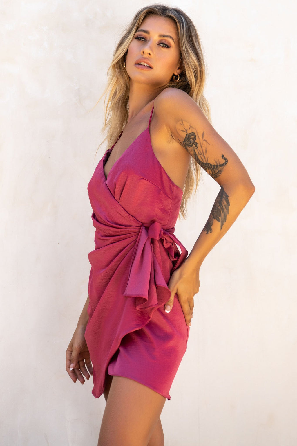 Medellin Gathered Detail Side-Tie Wrap Dress Rose by Selfie Leslie