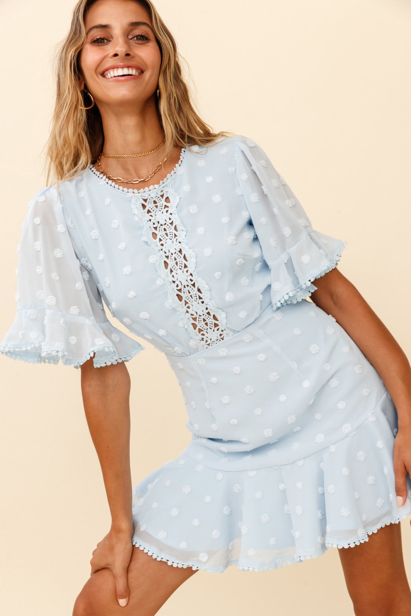 Afternoon Delight Crochet Bust Accent Open Back Dress Baby Blue by Selfie Leslie