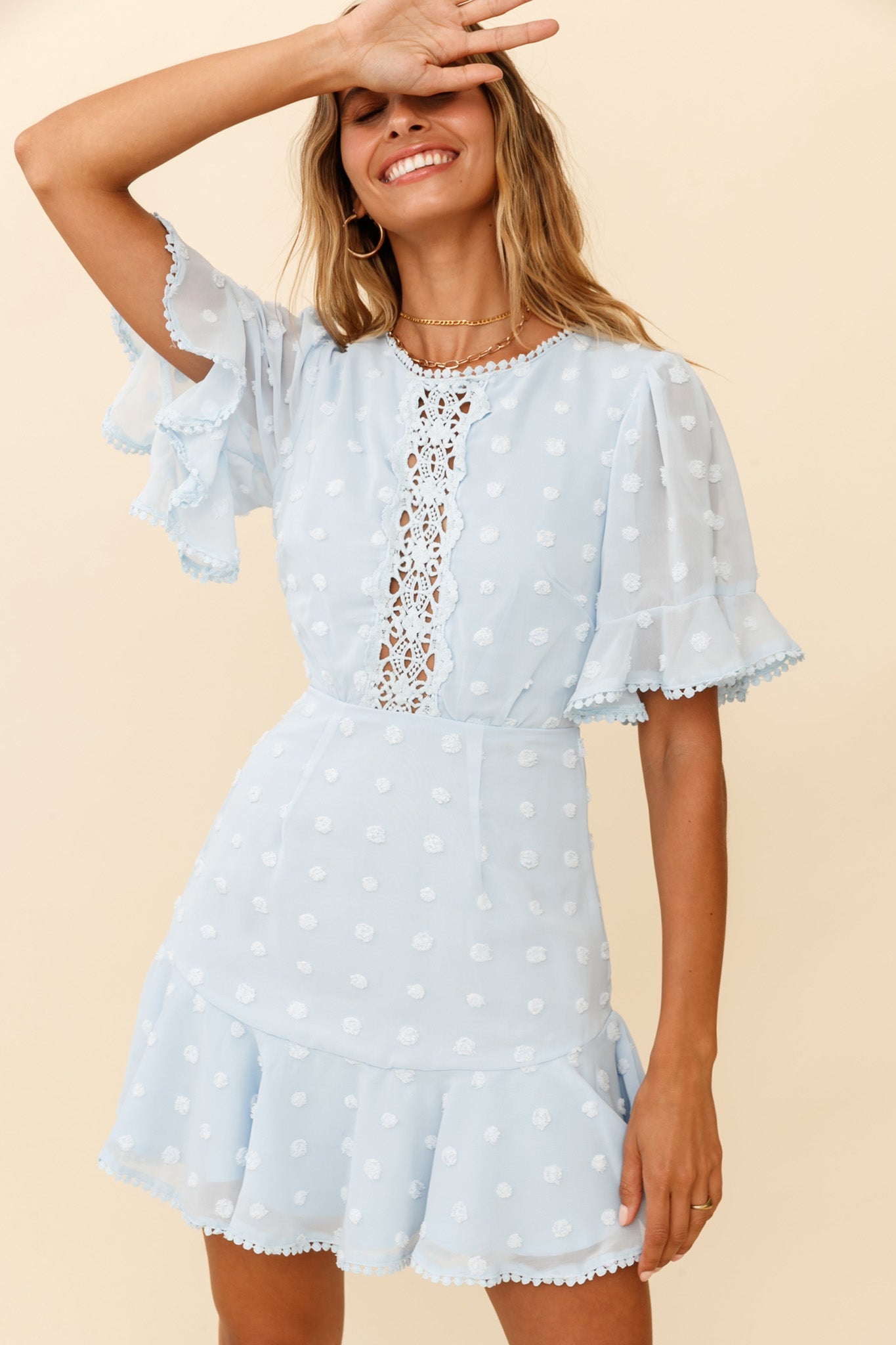 Afternoon Delight Crochet Bust Accent Open Back Dress Baby Blue by Selfie Leslie