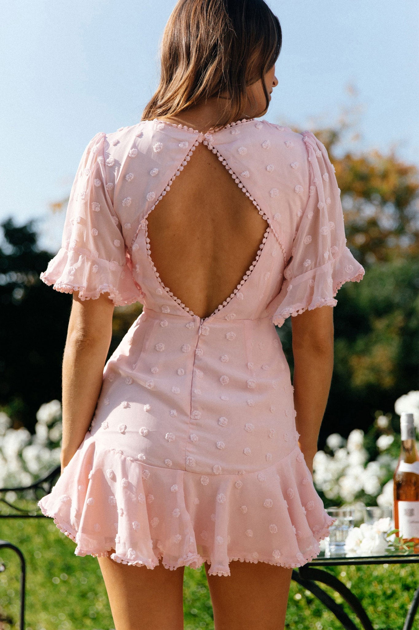 Afternoon Delight Crochet Bust Accent Open Back Dress Pink by Selfie Leslie