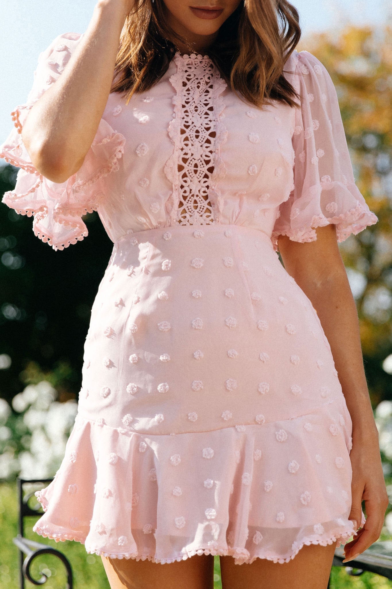 Afternoon Delight Crochet Bust Accent Open Back Dress Pink by Selfie Leslie