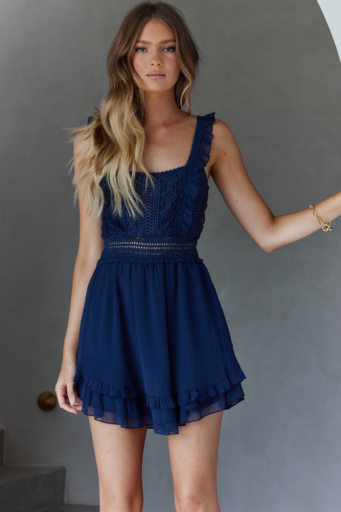Winnie Lace Bodice Tie-Up Back Dress Navy by Selfie Leslie