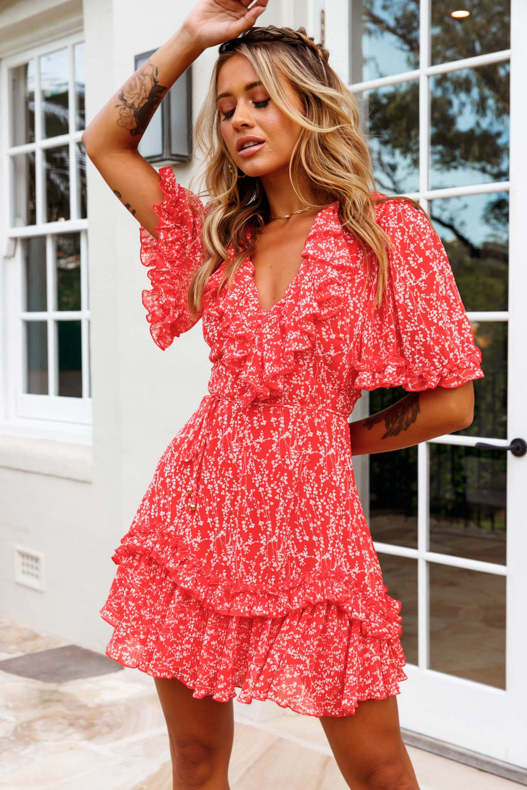 Las Palmas Frill Trim Keyhole Back Dress Floral Print Red. by Selfie Leslie