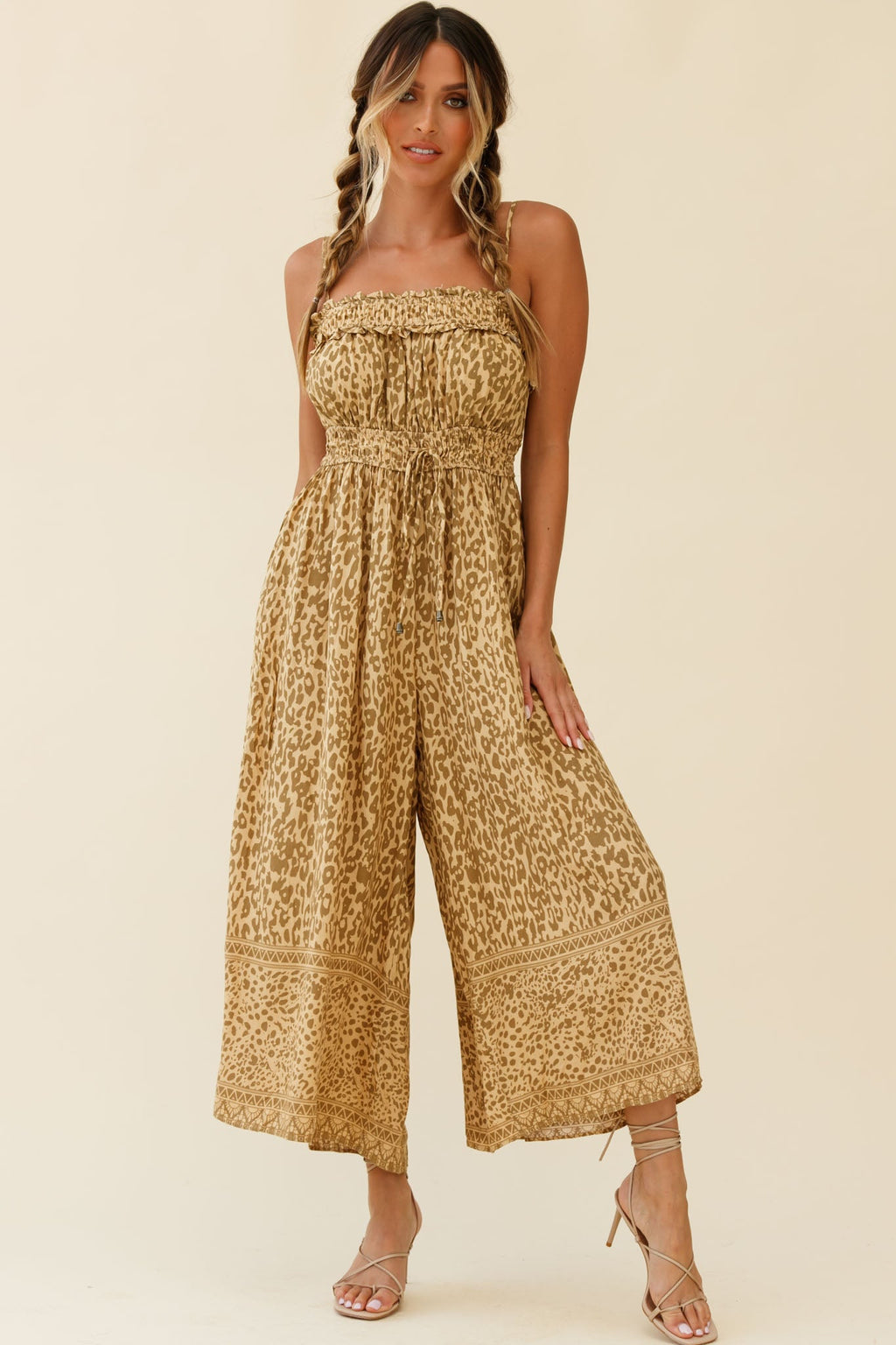 Weekend Escape Cami Strap Drawstring Jumpsuit Animal Print Khaki by Selfie Leslie
