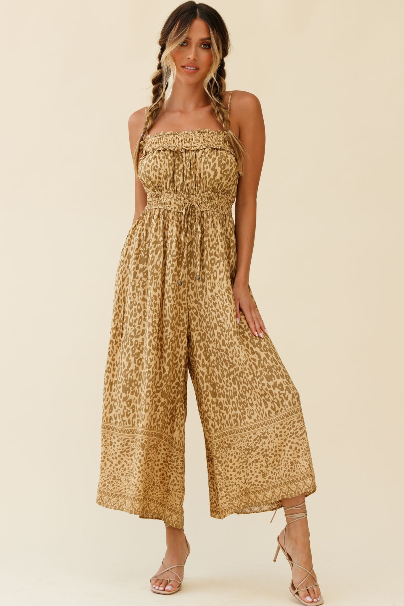 Weekend Escape Cami Strap Drawstring Jumpsuit Animal Print Khaki by Selfie Leslie
