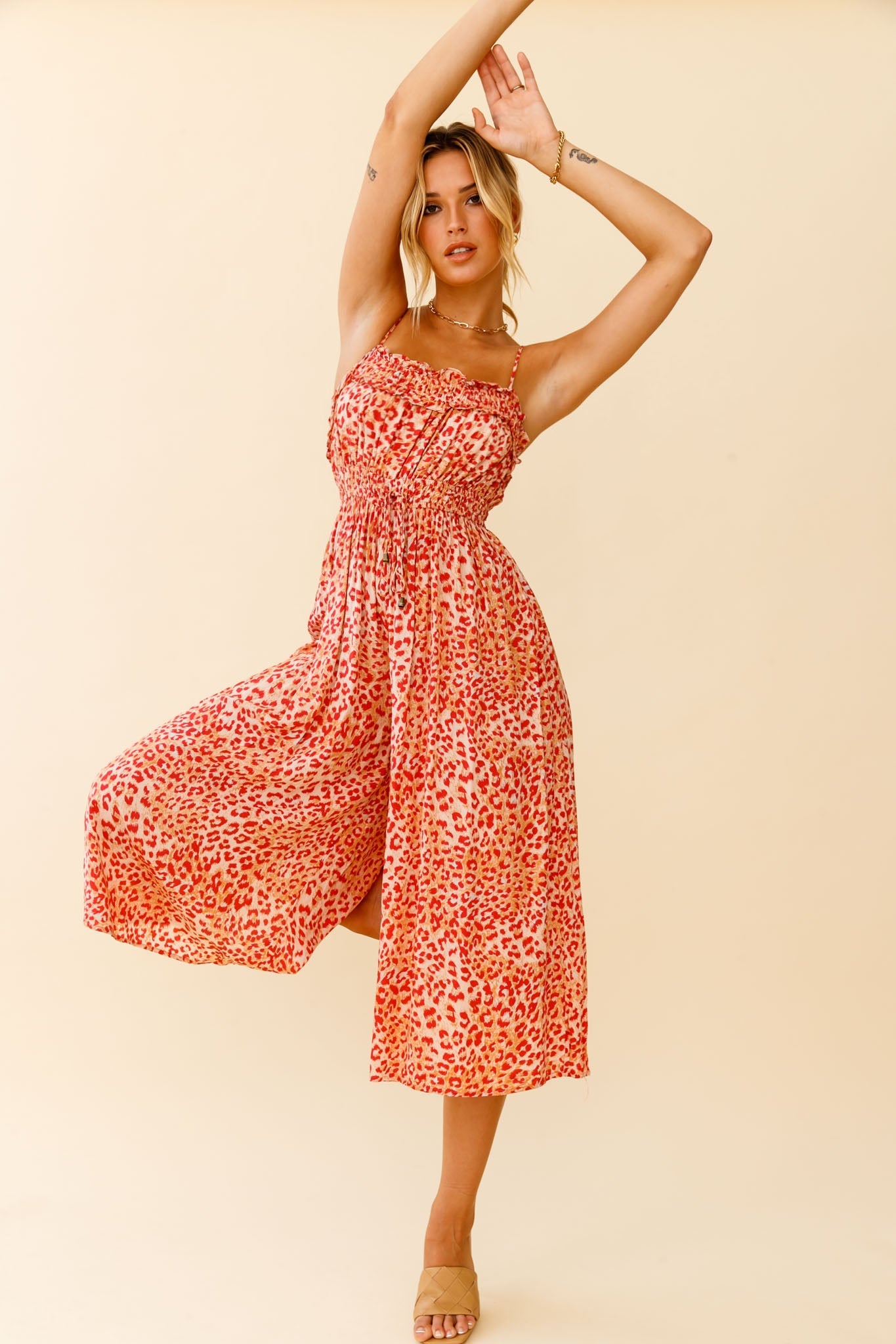 Weekend Escape Cami Strap Drawstring Jumpsuit Animal Print Orange by Selfie Leslie