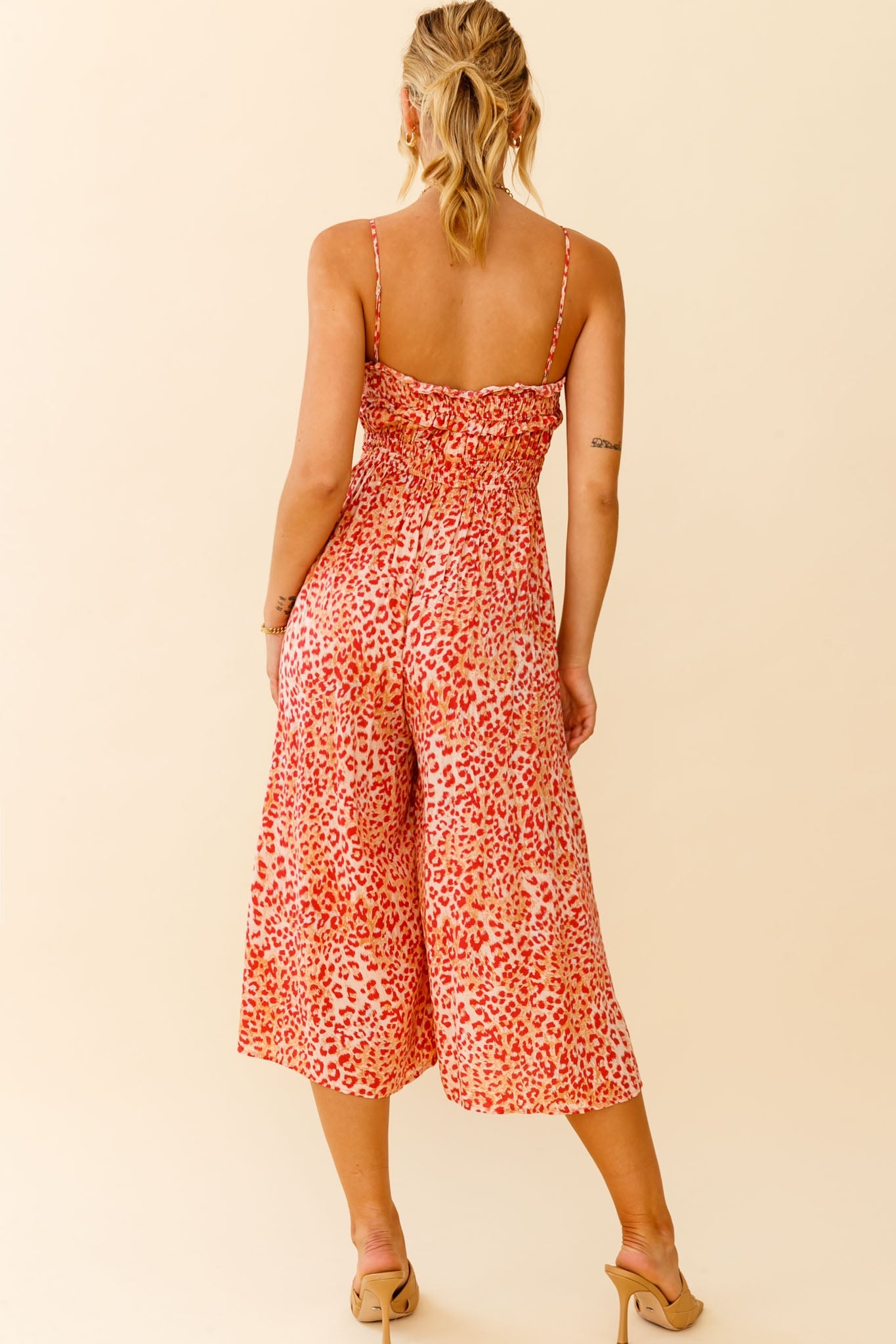 Weekend Escape Cami Strap Drawstring Jumpsuit Animal Print Orange by Selfie Leslie