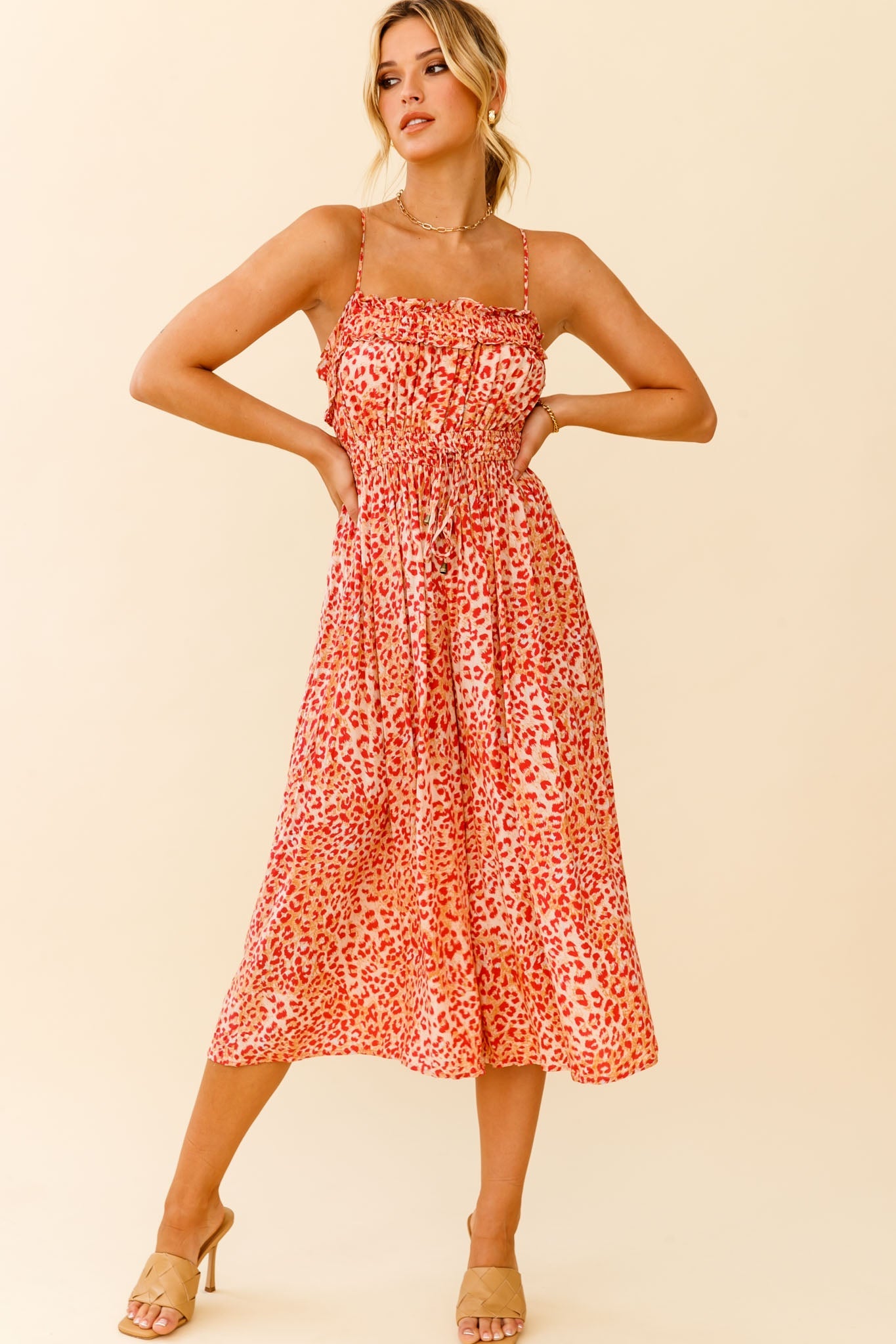 Weekend Escape Cami Strap Drawstring Jumpsuit Animal Print Orange by Selfie Leslie
