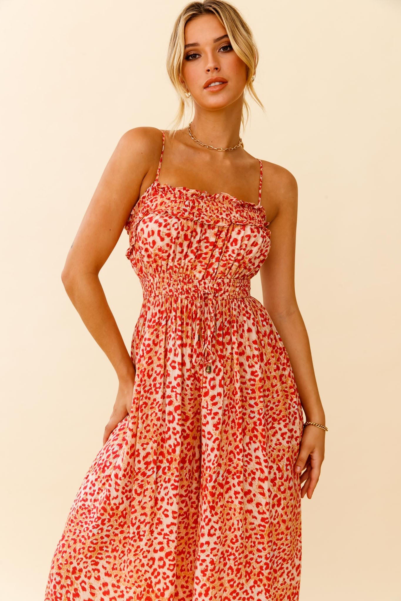 Weekend Escape Cami Strap Drawstring Jumpsuit Animal Print Orange by Selfie Leslie
