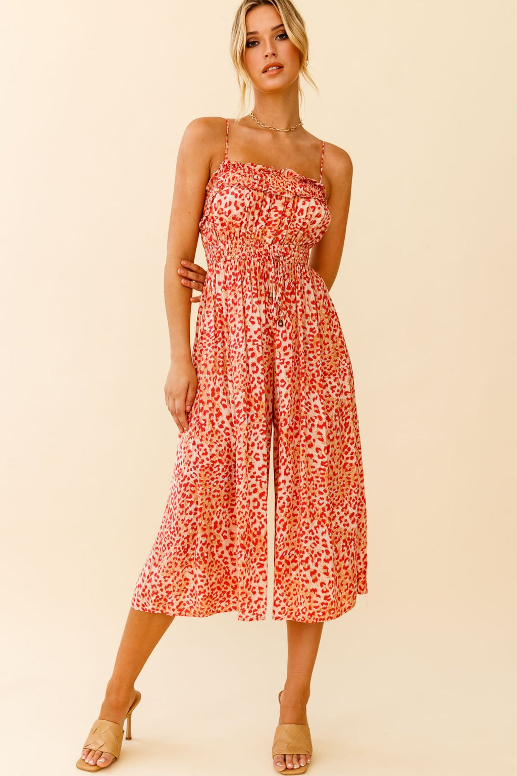Weekend Escape Cami Strap Drawstring Jumpsuit Animal Print Orange by Selfie Leslie