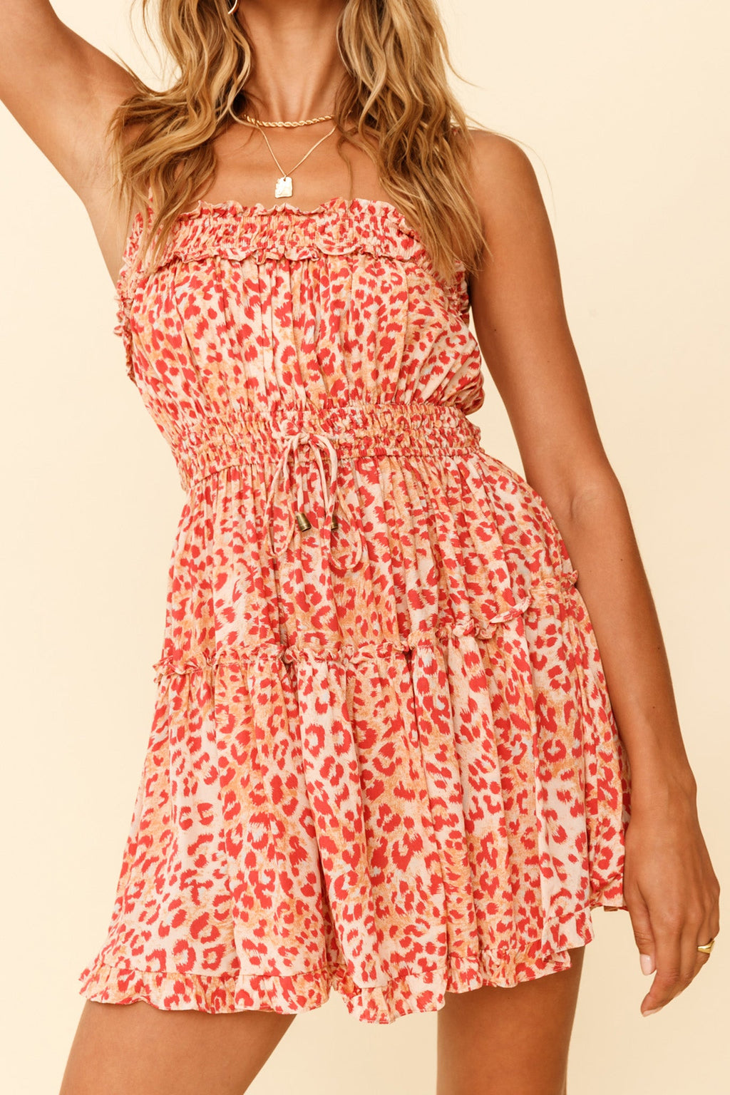 Weekend Escape Cami Strap Drawstring Dress Animal Print Orange by Selfie Leslie