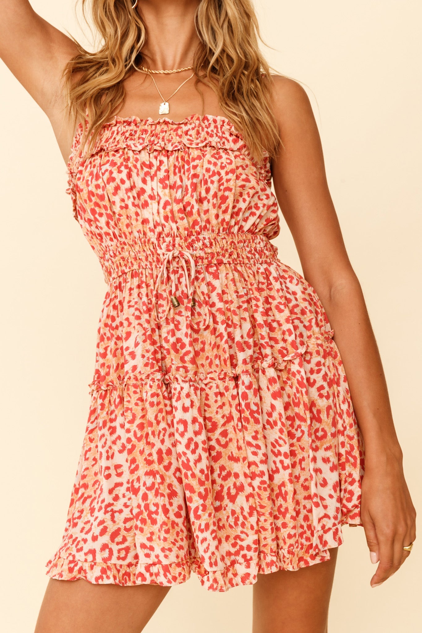 Weekend Escape Cami Strap Drawstring Dress Animal Print Orange by Selfie Leslie