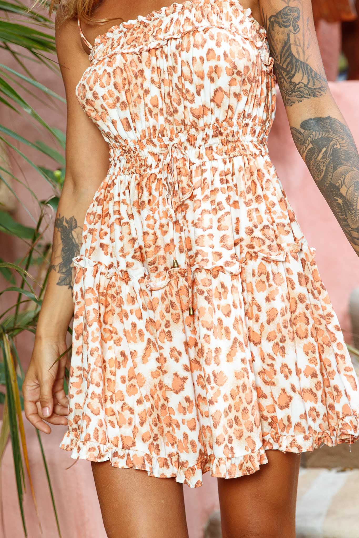 Weekend Escape Cami Strap Drawstring Mini Dress Animal Print Orange by Selfie Leslie