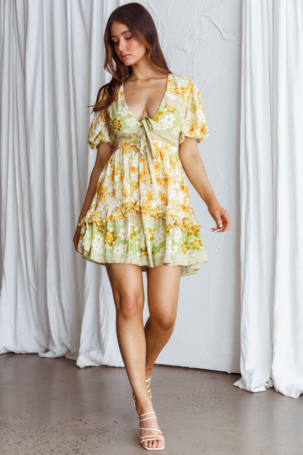 Rosy Tied Bust Mini Dress Floral Apple/Yellow by Selfie Leslie