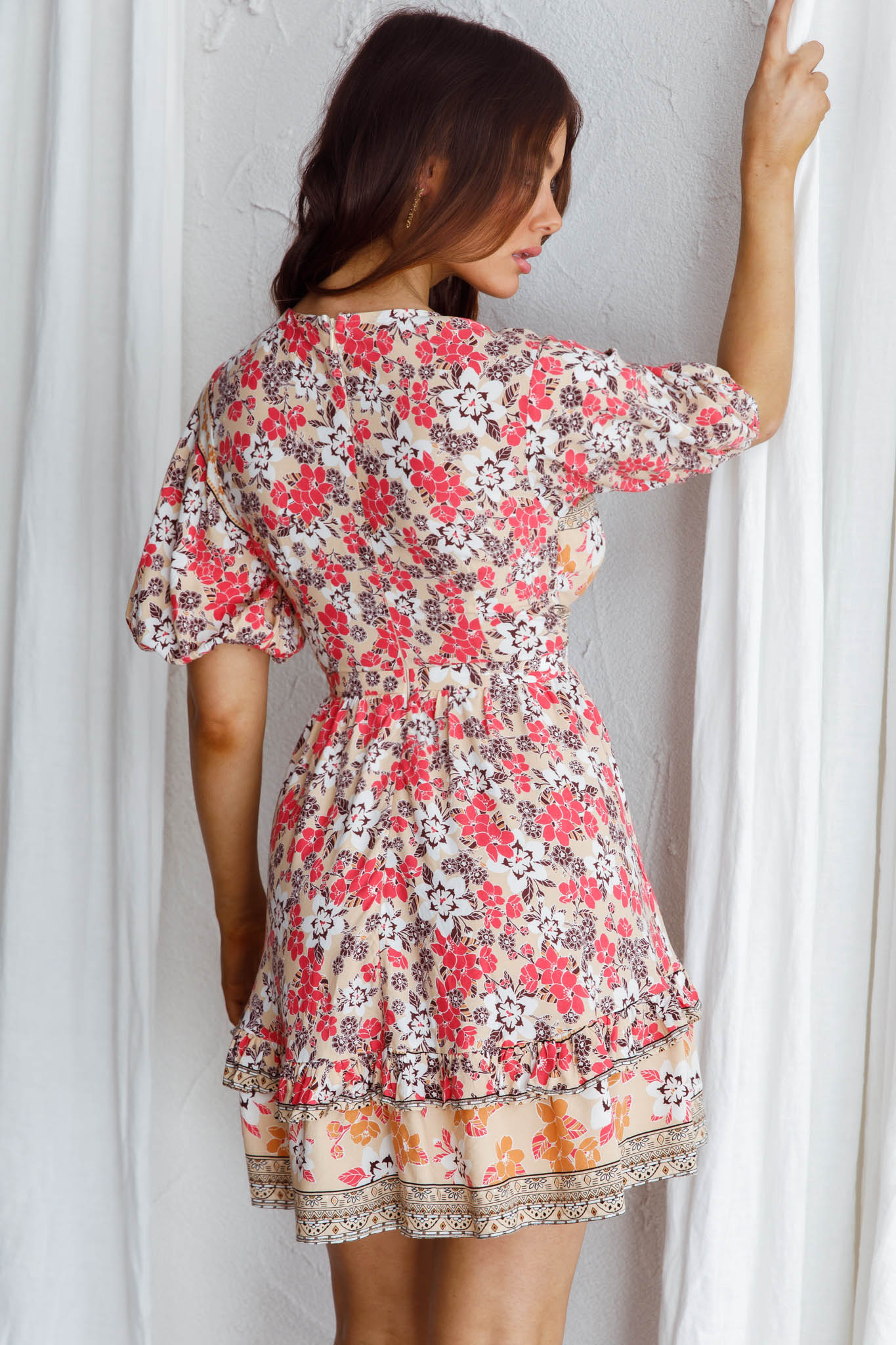 Rosy Tied Bust Mini Dress Floral Beige/Red by Selfie Leslie