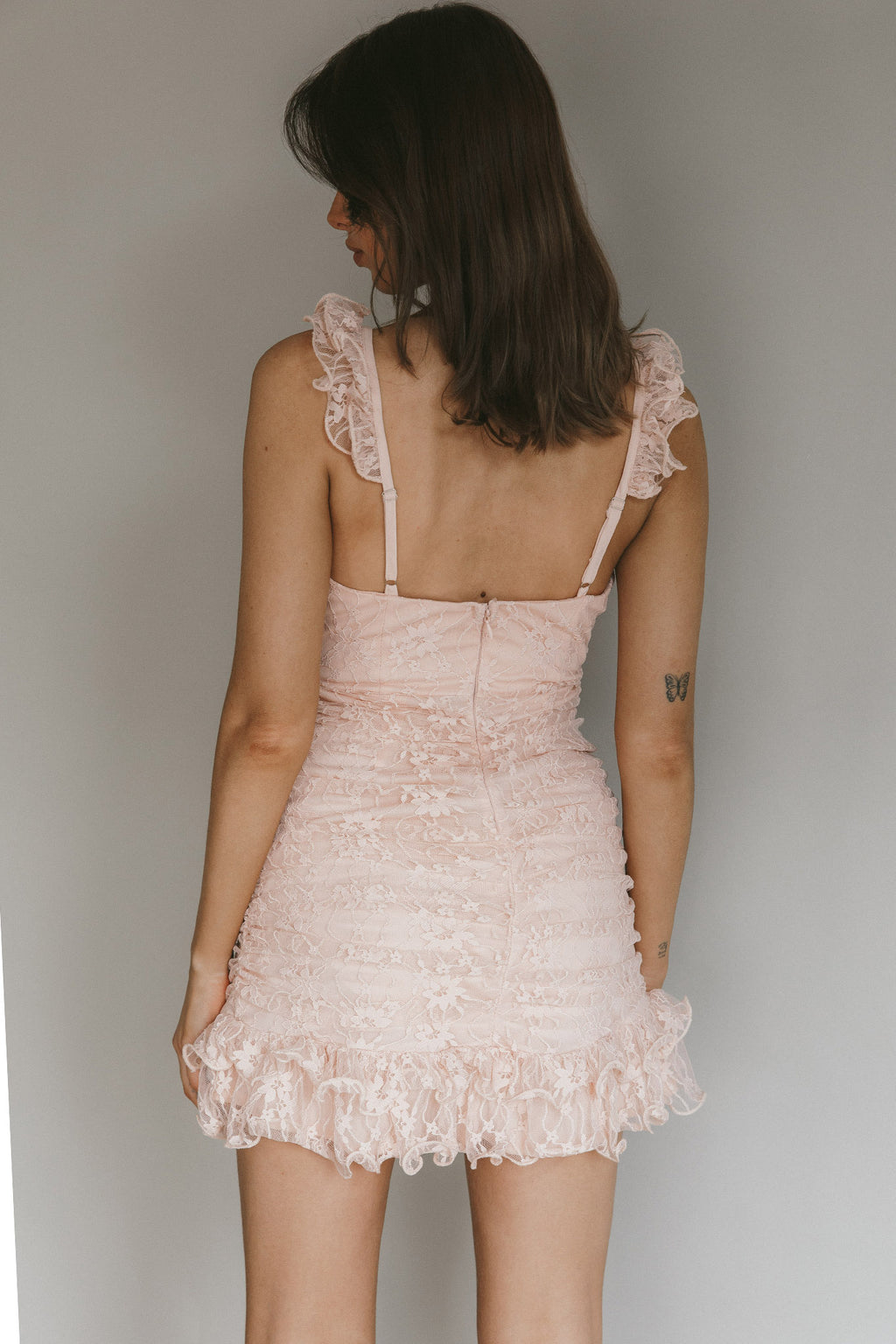 Kaley Ruched Side Layered Frill Hem Lace Mini Dress Blush by Selfie Leslie Australia