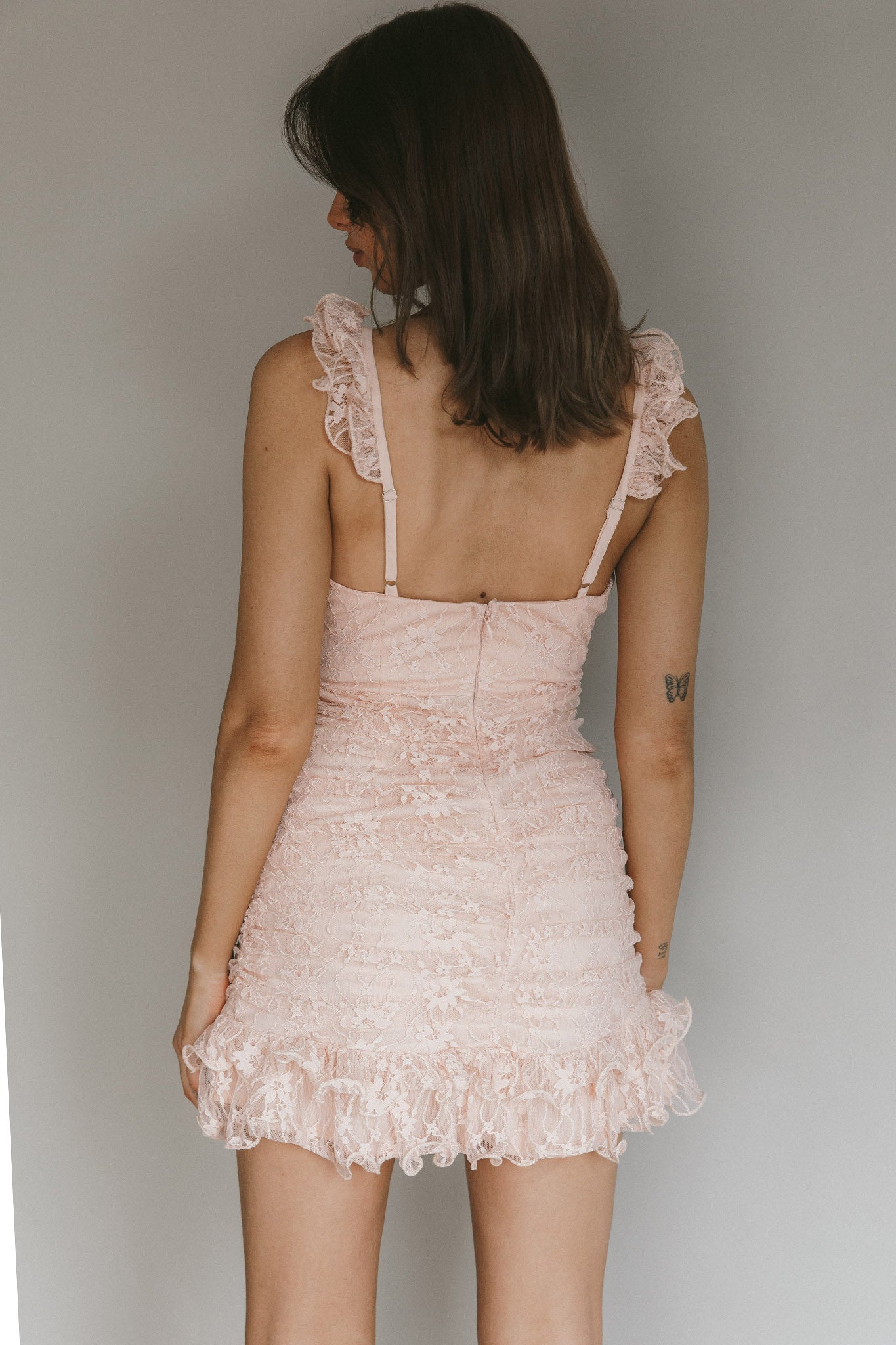 Kaley Ruched Side Layered Frill Hem Lace Mini Dress Blush by Selfie Leslie Australia