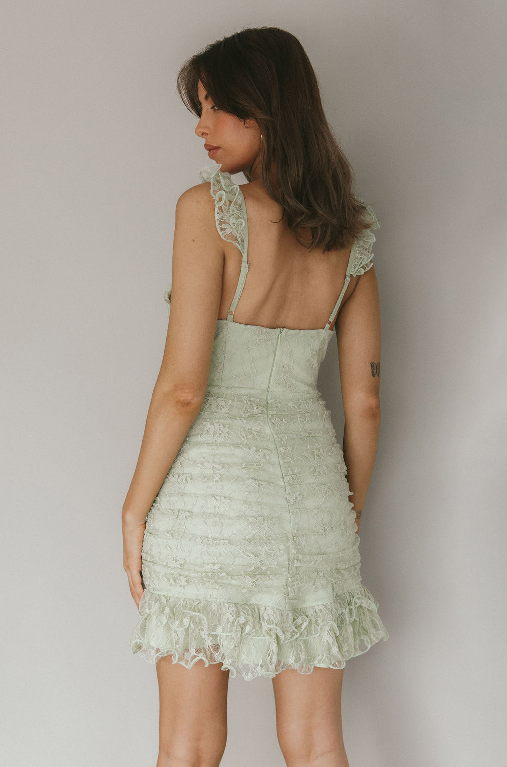 Kaley Ruched Side Layered Frill Hem Lace Mini Dress Sage by Selfie Leslie Australia