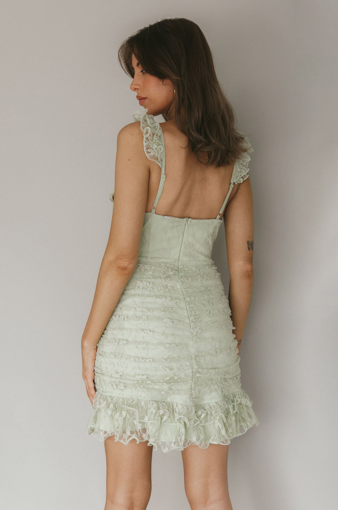 Kaley Ruched Side Layered Frill Hem Lace Mini Dress Sage by Selfie Leslie Australia