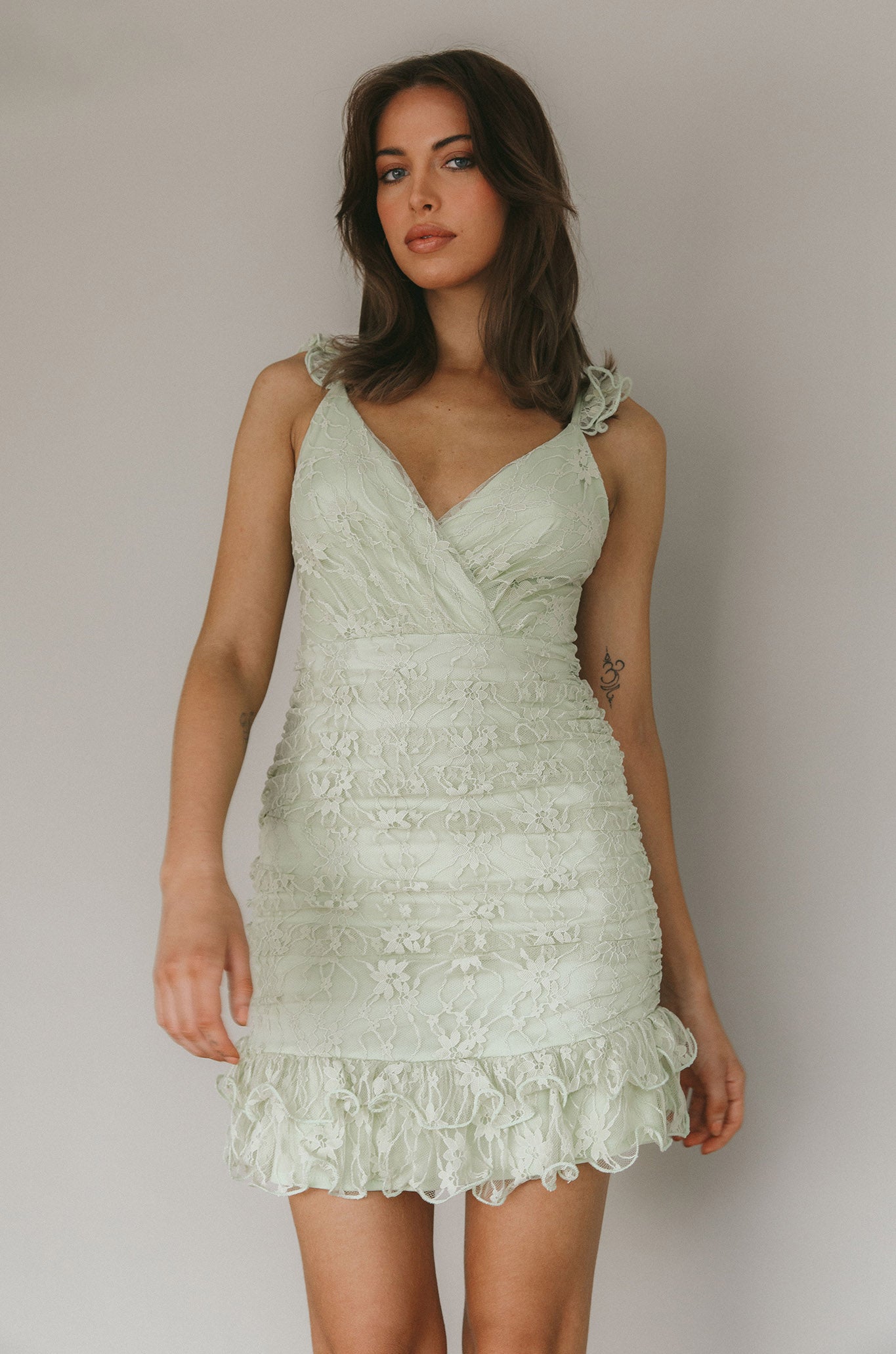 Kaley Ruched Side Layered Frill Hem Lace Mini Dress Sage by Selfie Leslie Australia