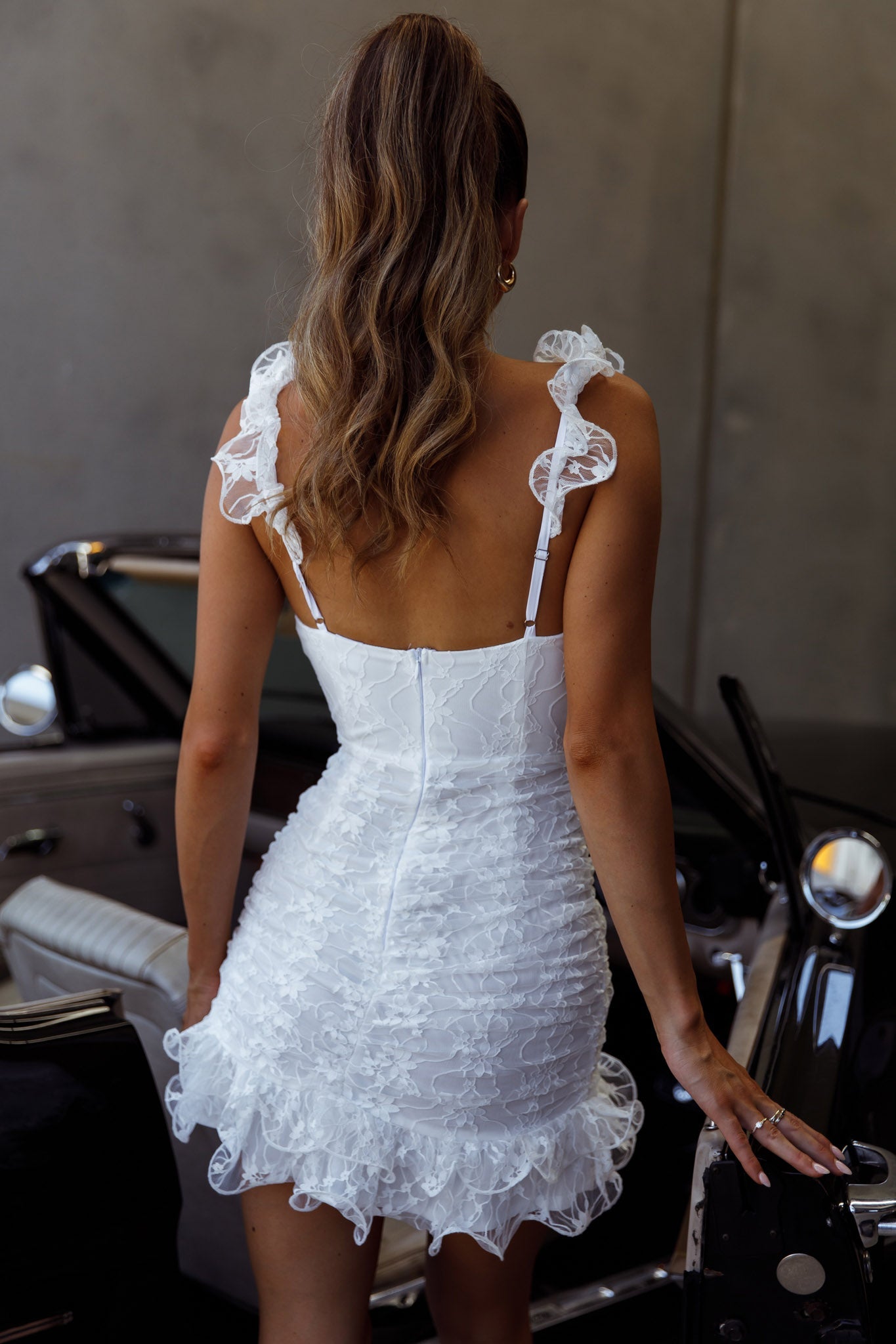 Kaley Ruched Side Layered Frill Hem Lace Mini Dress White by Selfie Leslie