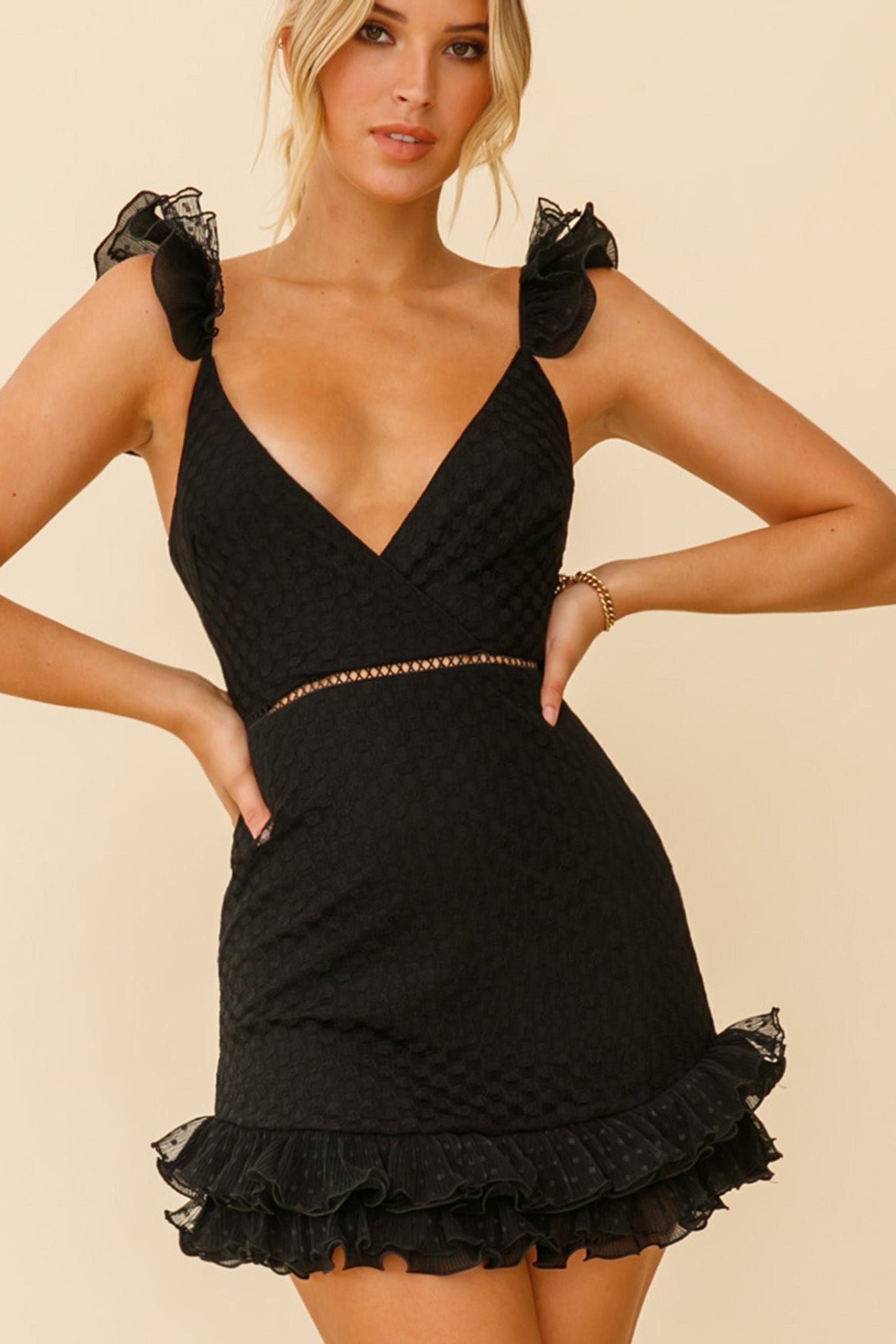 Kaley Layered Frill Hem Textured Dress Black by Selfie Leslie