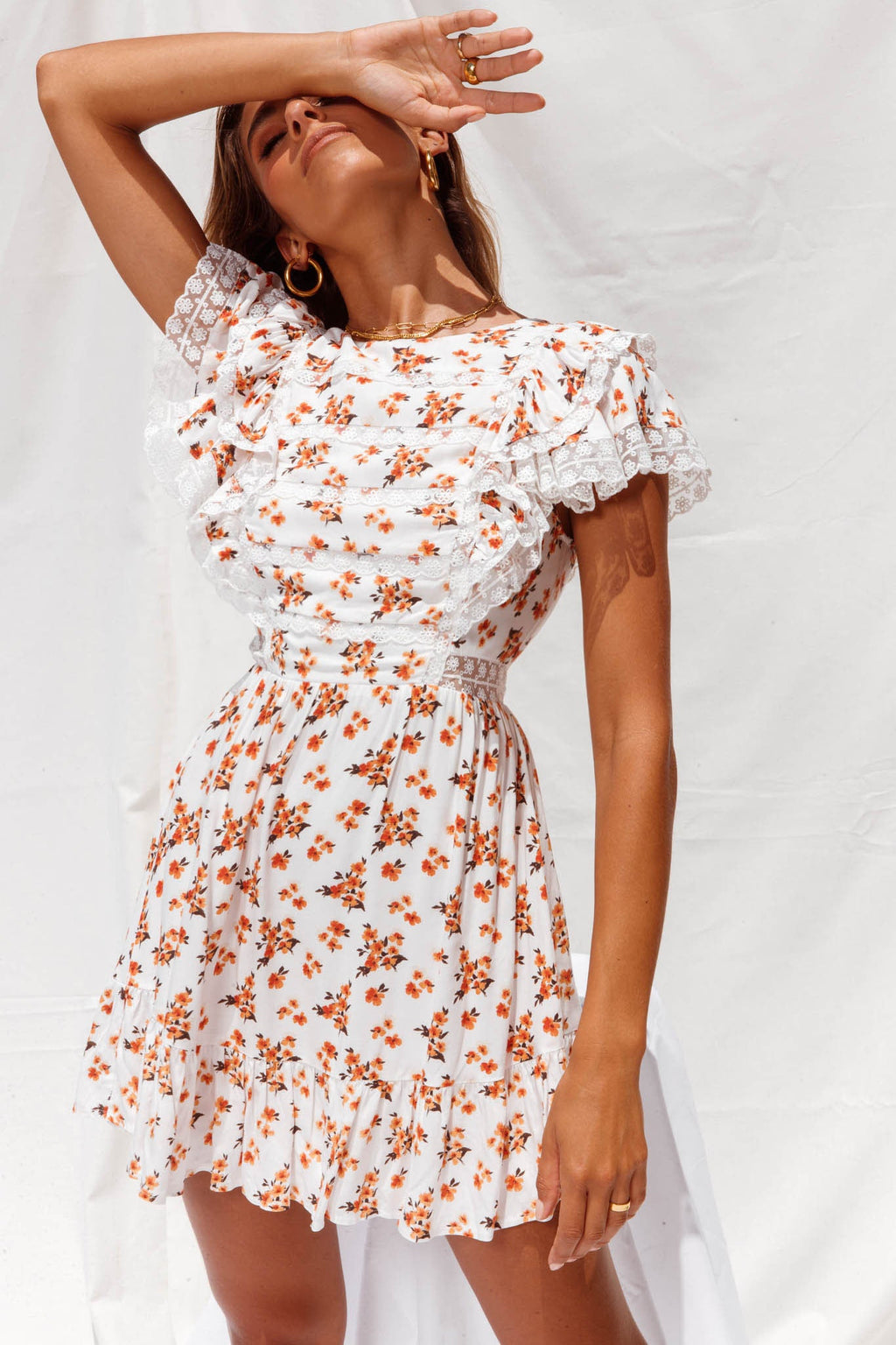 Hello Sunshine Lace Trim Ruffle Shoulder Dress Floral Print White/Orange by Selfie Leslie