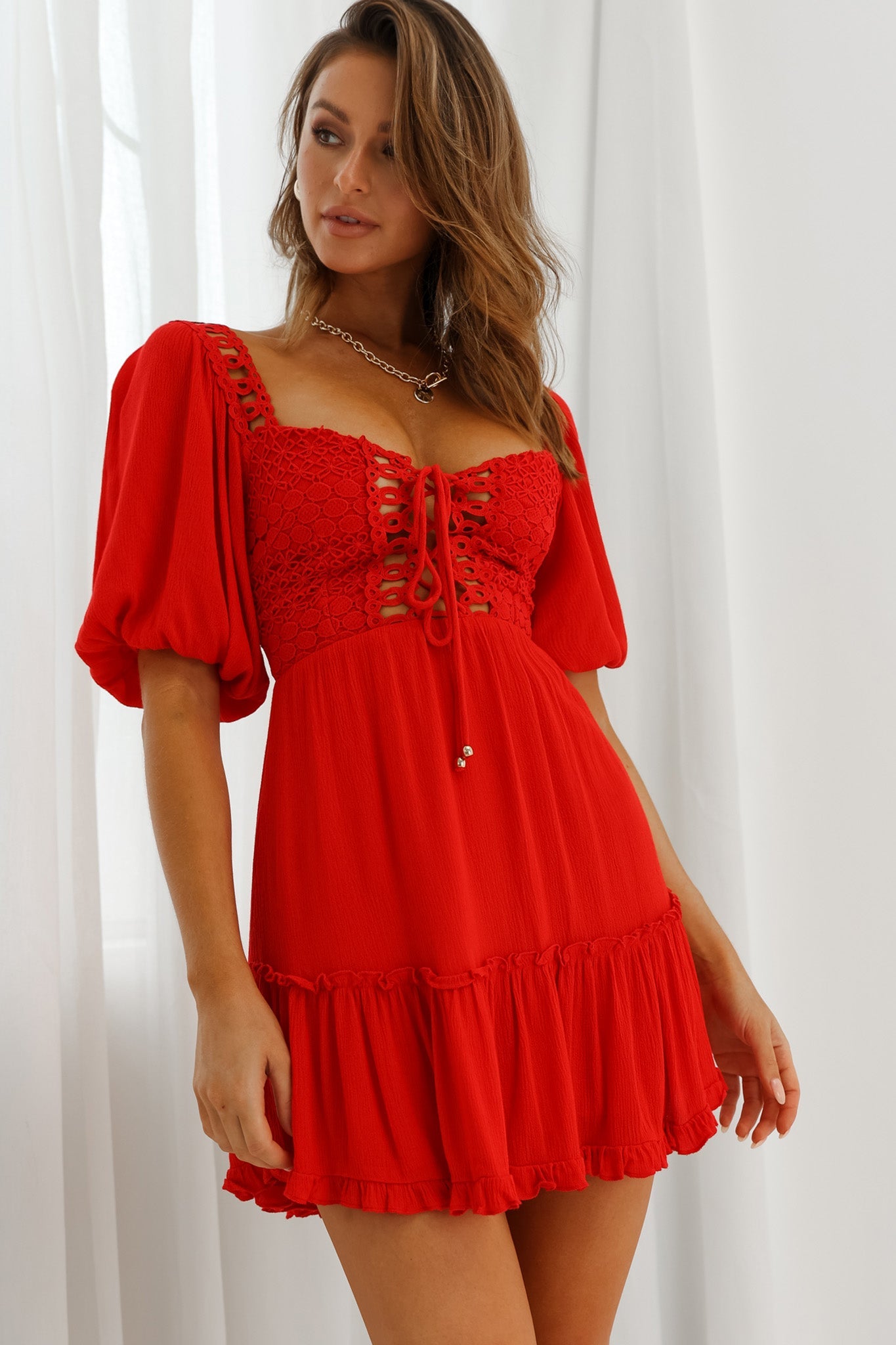 Golden Hour Lace-Up Front Crochet Dress Red by Selfie Leslie