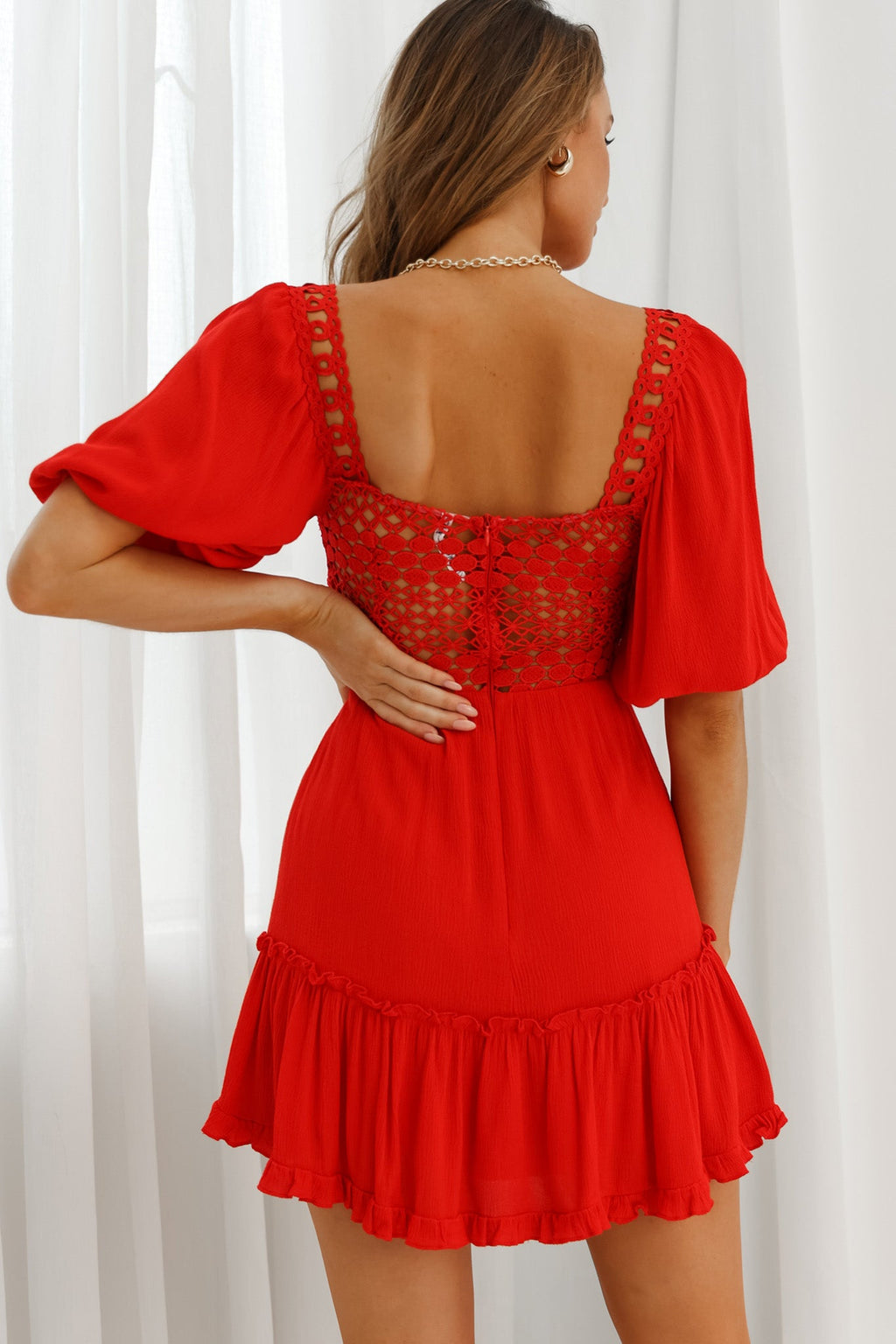 Golden Hour Lace-Up Front Crochet Dress Red by Selfie Leslie