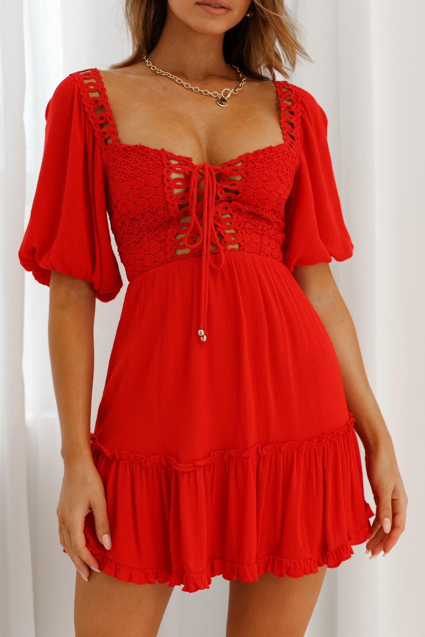 Golden Hour Lace-Up Front Crochet Dress Red by Selfie Leslie