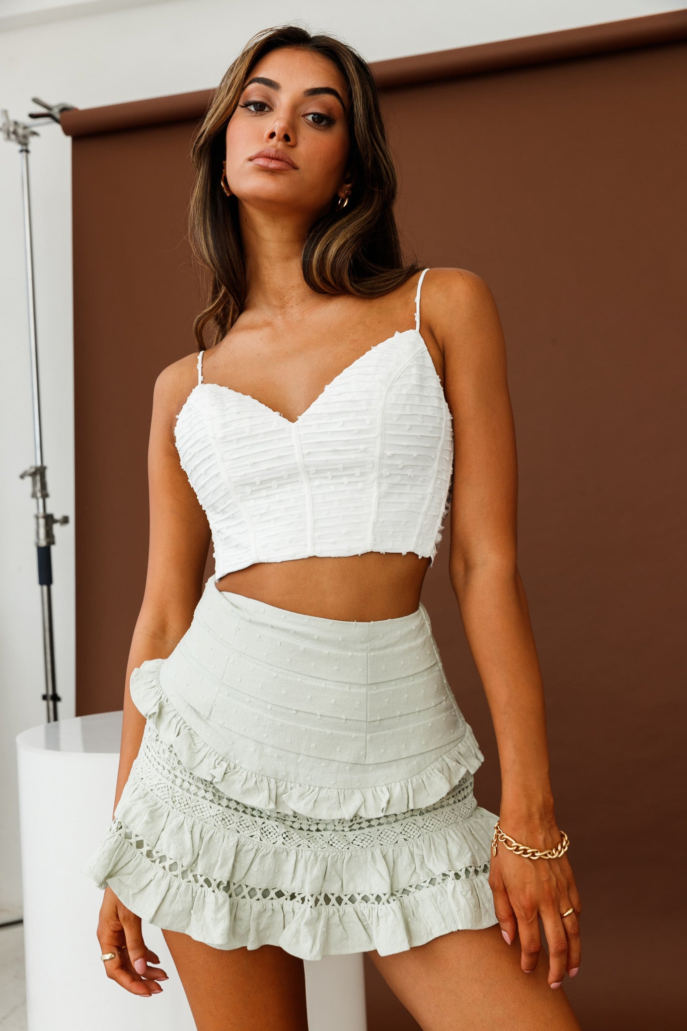 Perfect Timing Pleated Waist Frill Trim Mini Skirt Sage by Selfie Leslie