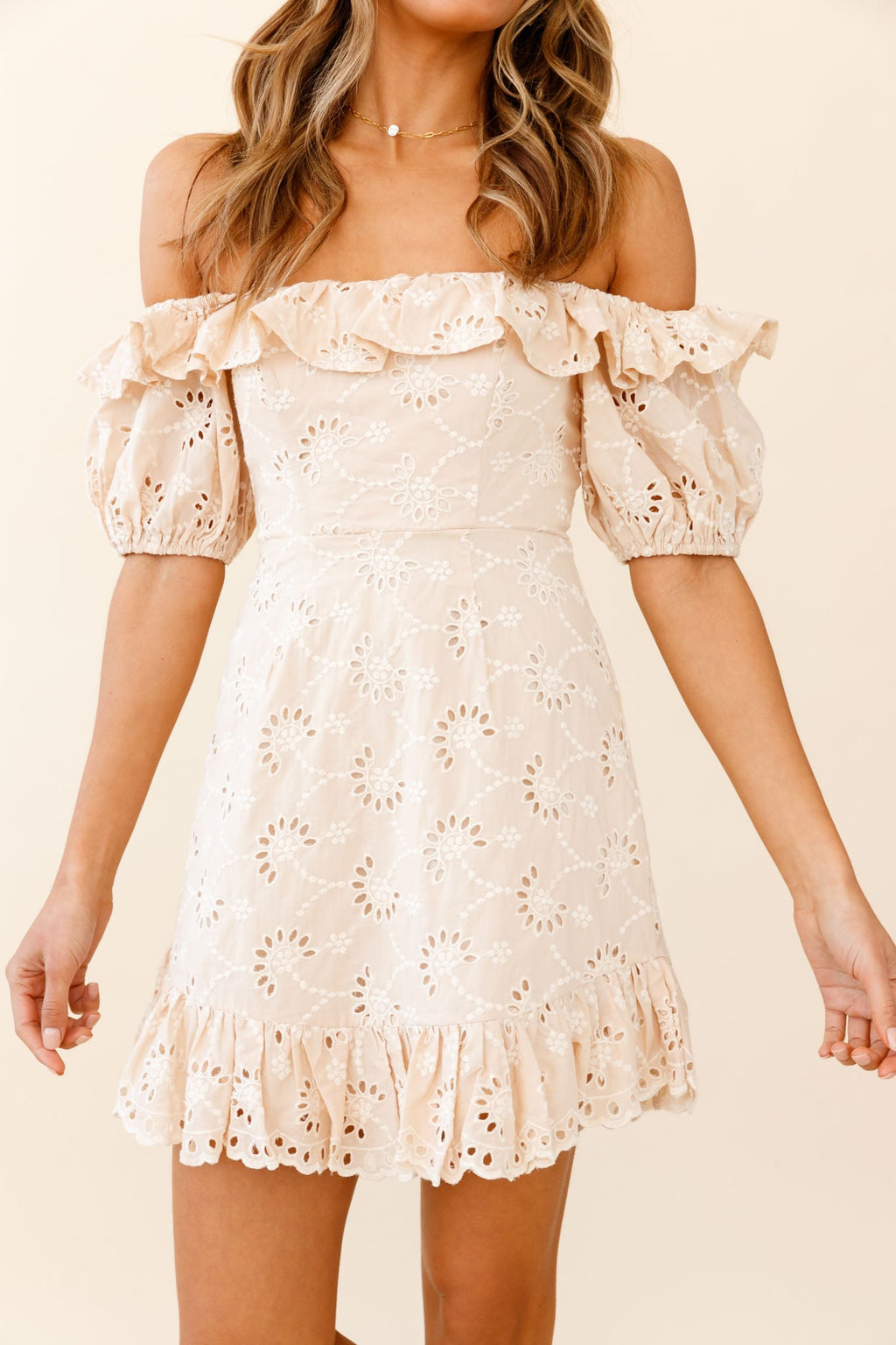 Up Front Puff Sleeve String-Tie Halterneck Embroidery Dress Beige by Selfie Leslie